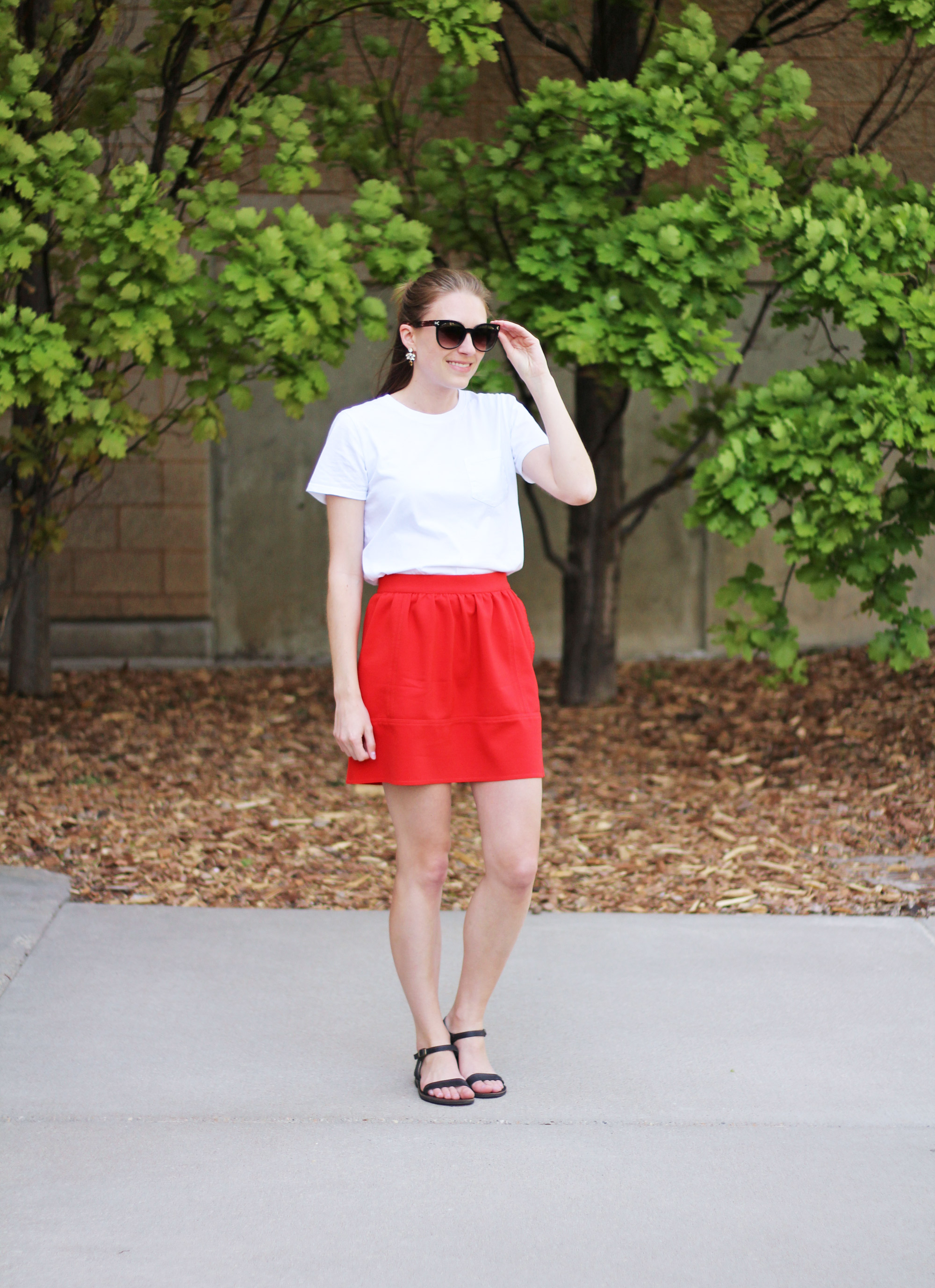 Spring grad school outfit idea with a white tee and red mini skirt | Cotton Cashmere Cat Hair