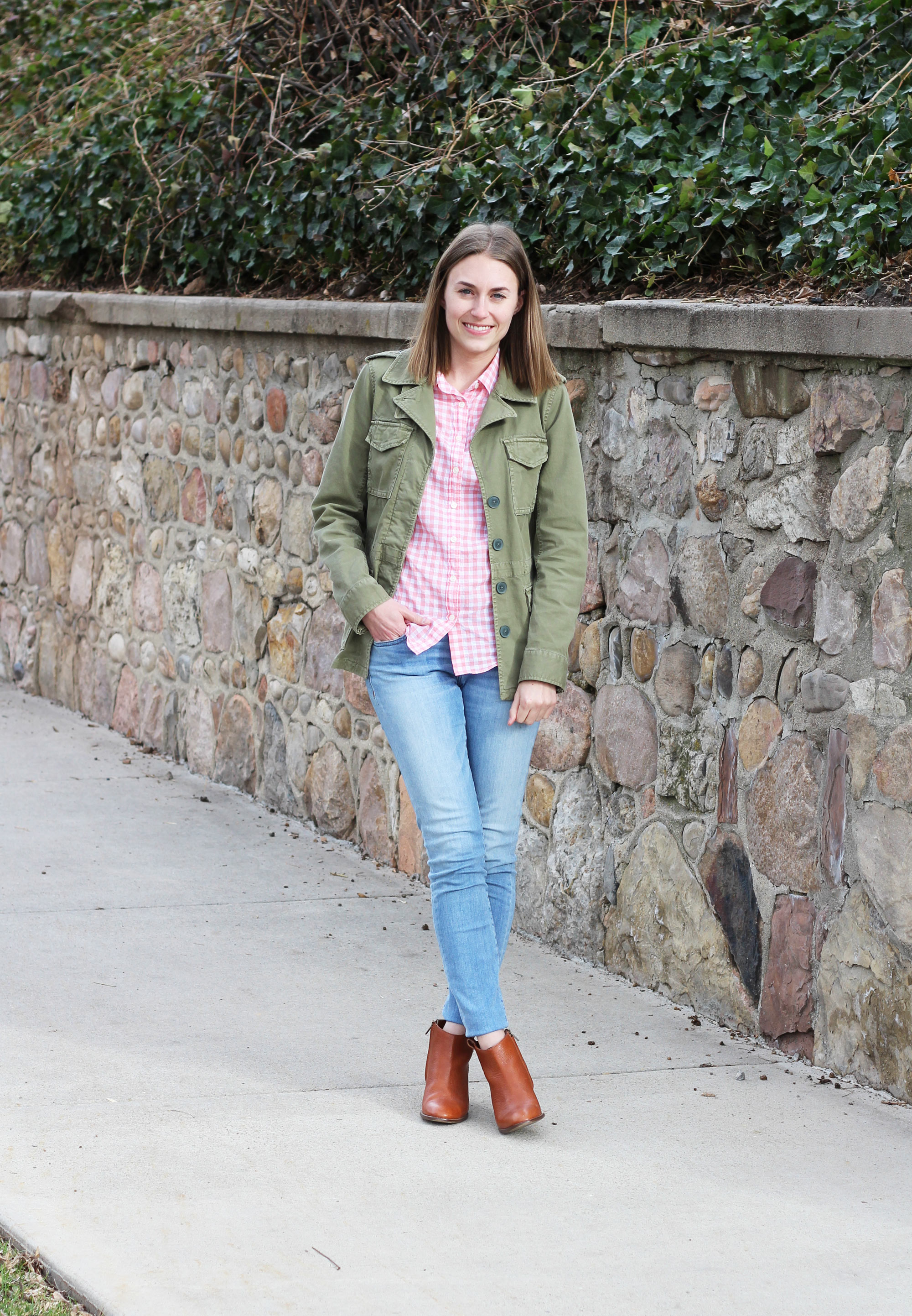 Spring grad school outfit idea with army green and pink gingham | Cotton Cashmere Cat Hair
