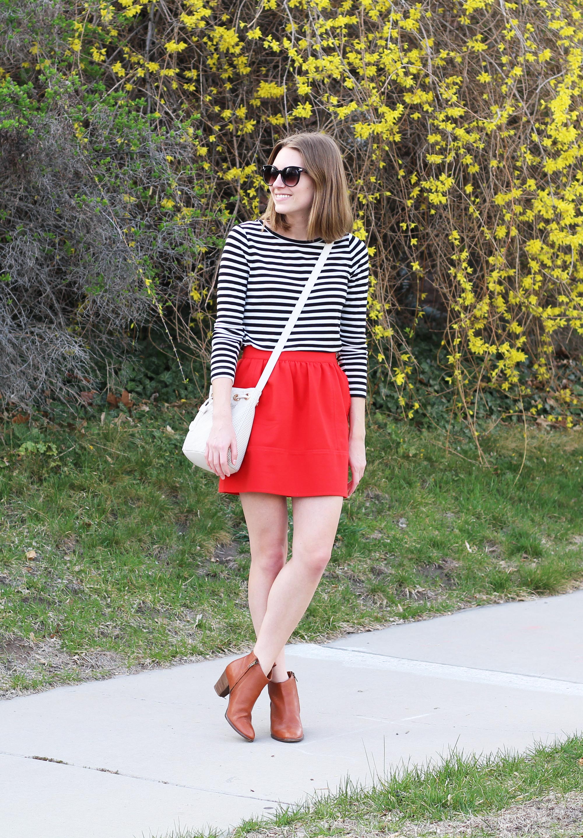 Spring grad school outfit idea with a striped tee and red mini skirt | Cotton Cashmere Cat Hair
