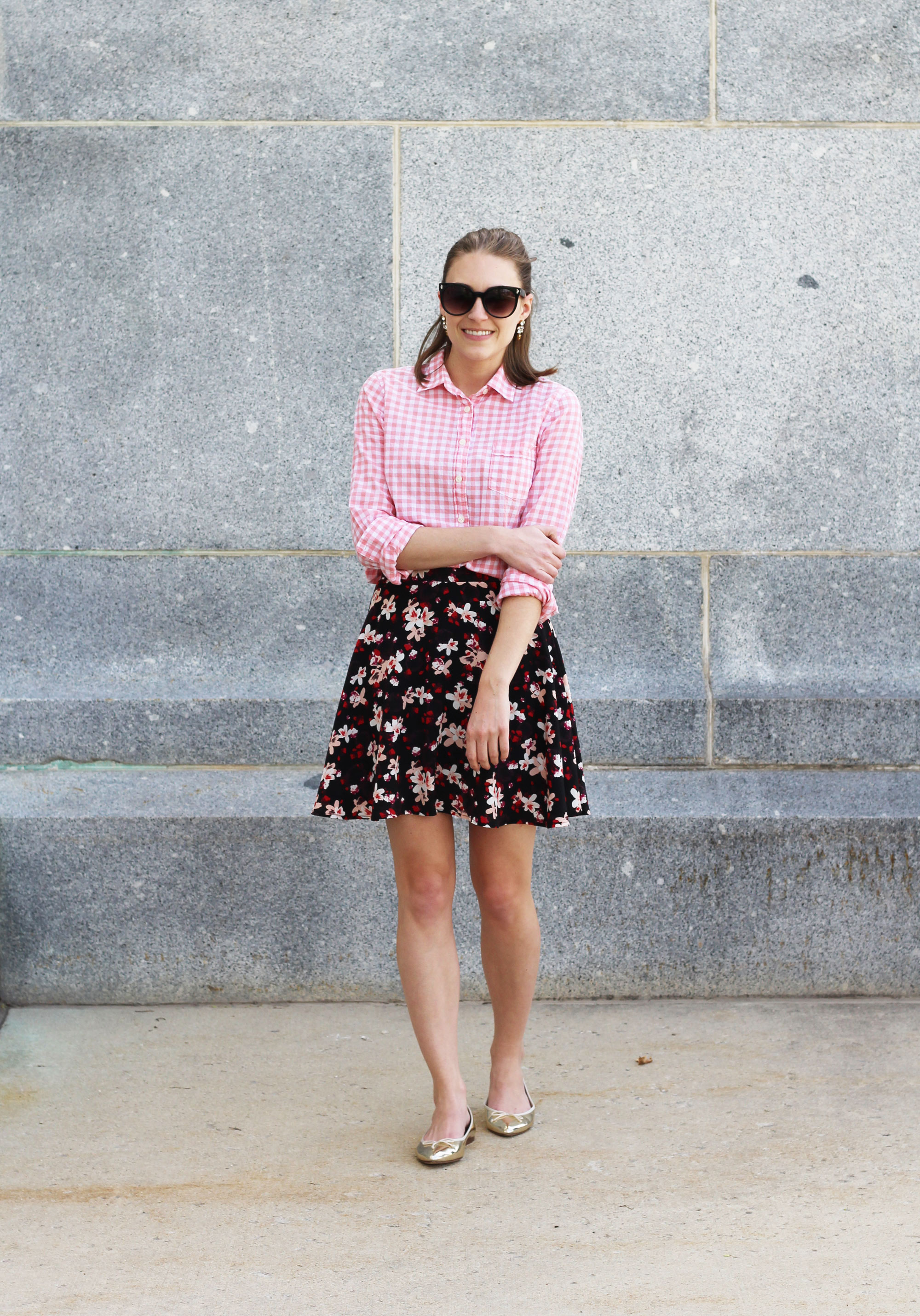Spring grad school outfit idea with a pink gingham shirt and floral skirt | Cotton Cashmere Cat Hair