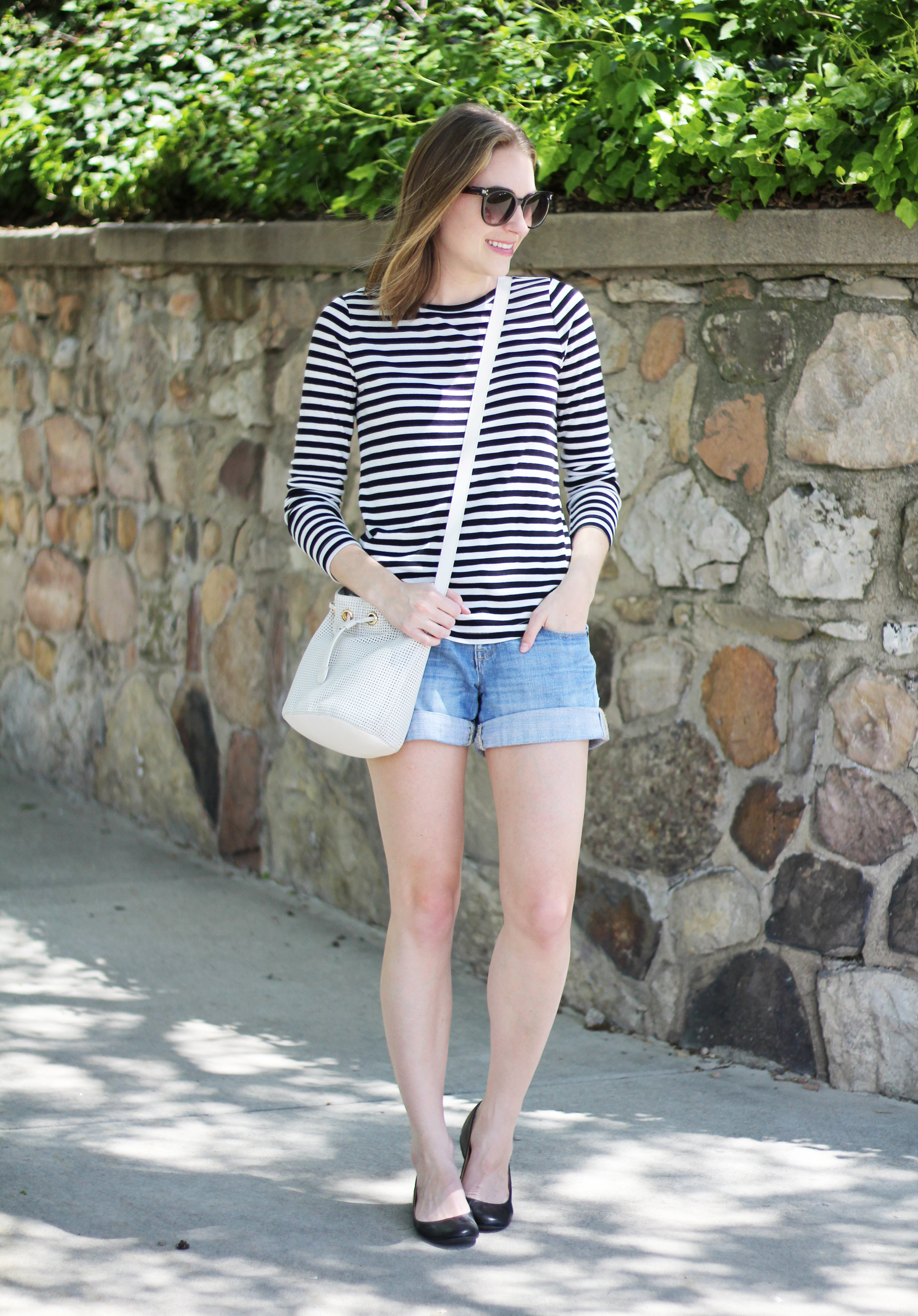 Spring grad school outfit idea with a striped tee and denim shorts | Cotton Cashmere Cat Hair