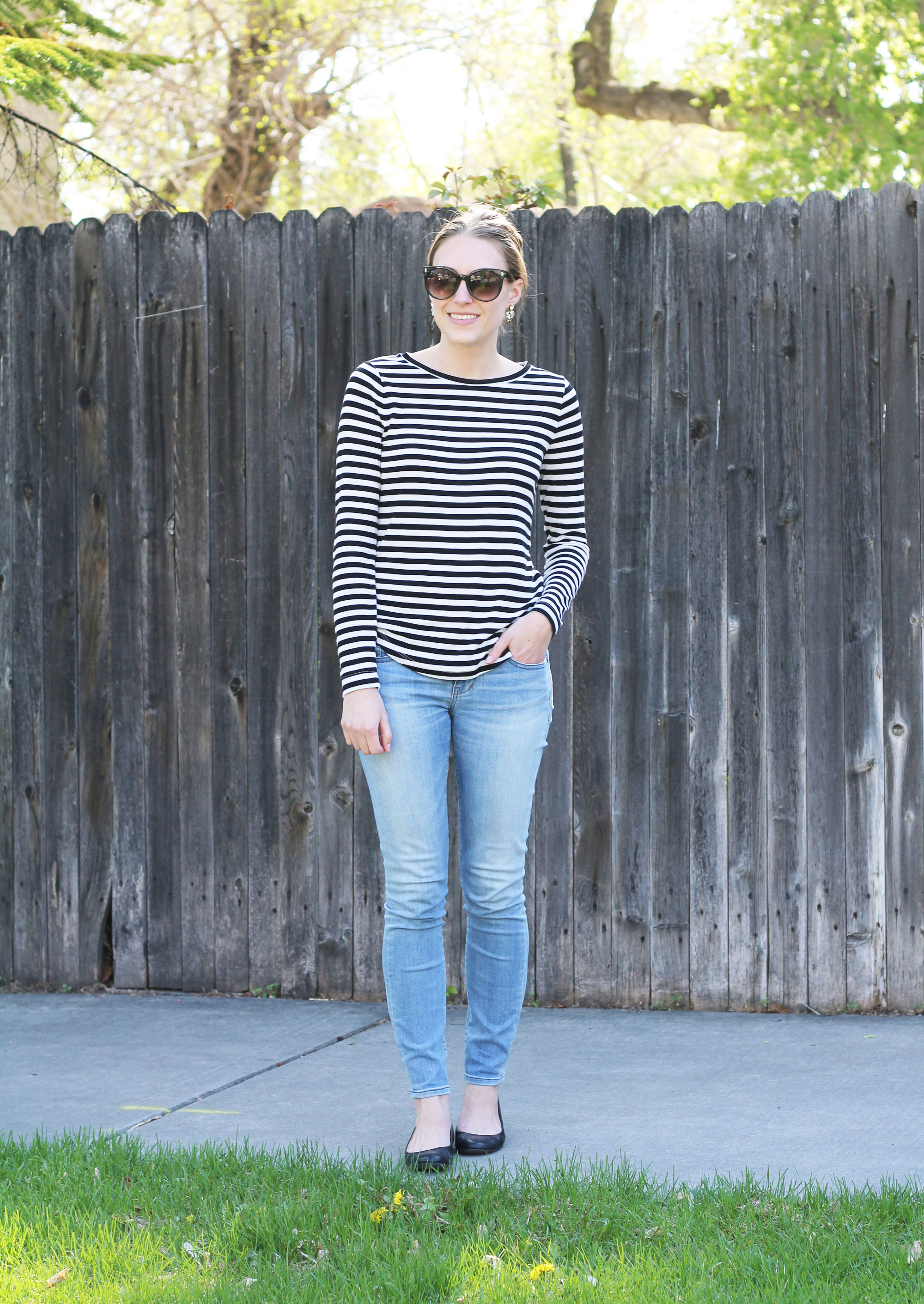 Spring grad school outfit idea with a striped tee and Madewell skinny jeans | Cotton Cashmere Cat Hair