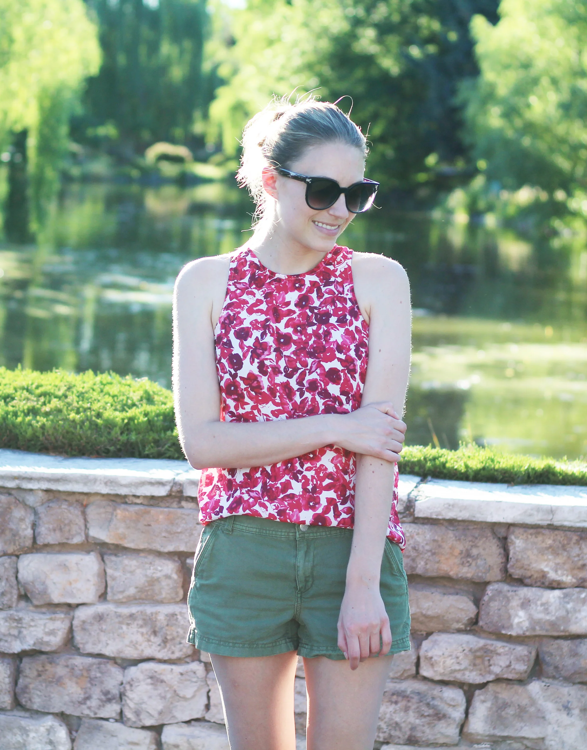 Who What Wear for Target red floral tank top + green shorts — Cotton Cashmere Cat Hair