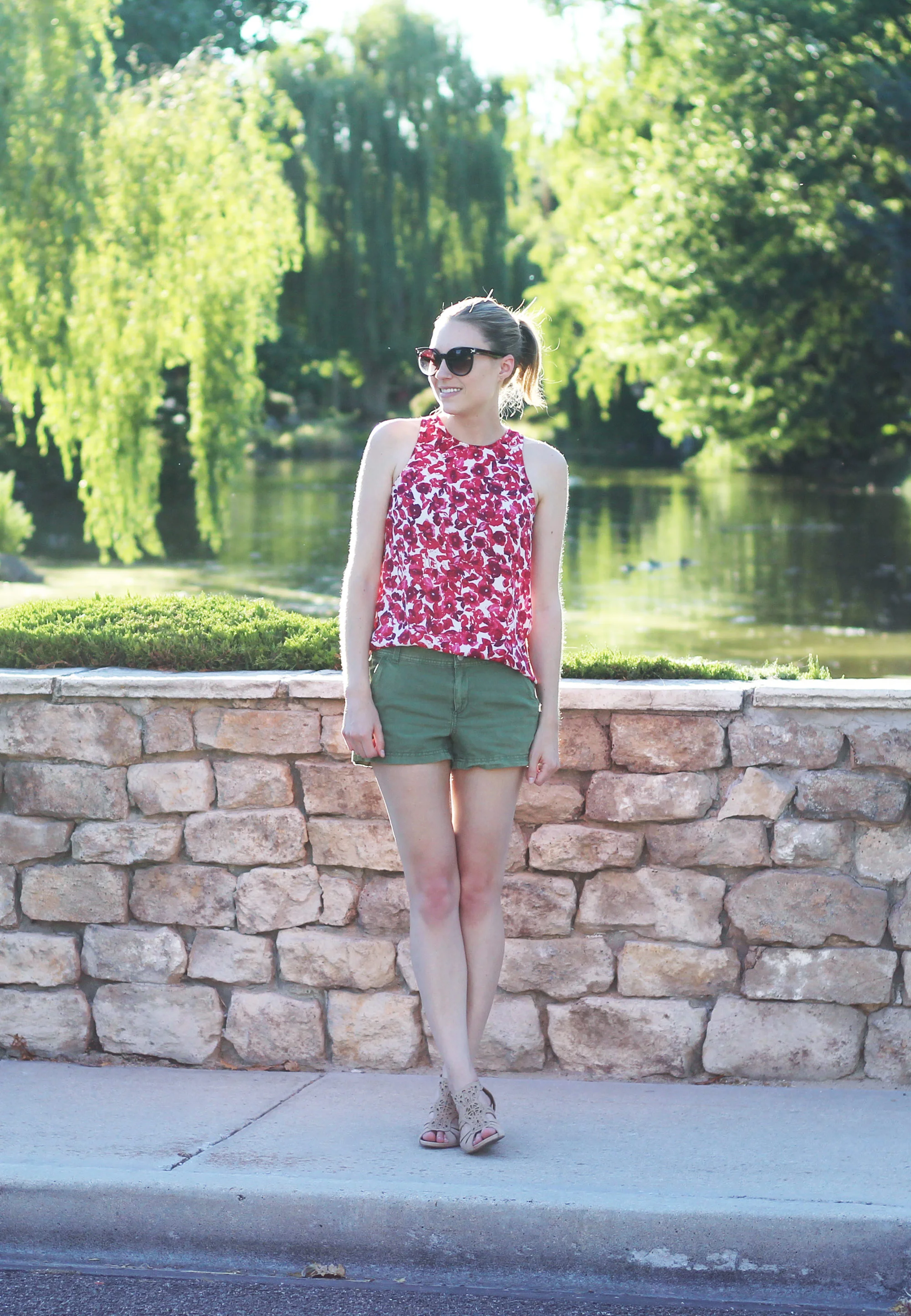 Who What Wear for Target red floral tank top, green shorts, Earthies 'Morolo' sandals — Cotton Cashmere Cat Hair