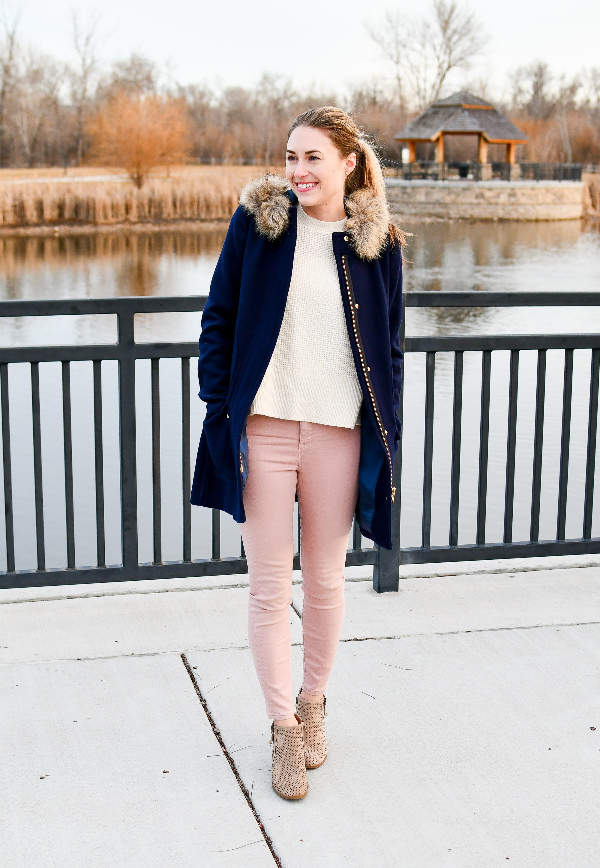 pink jeans outfit winter