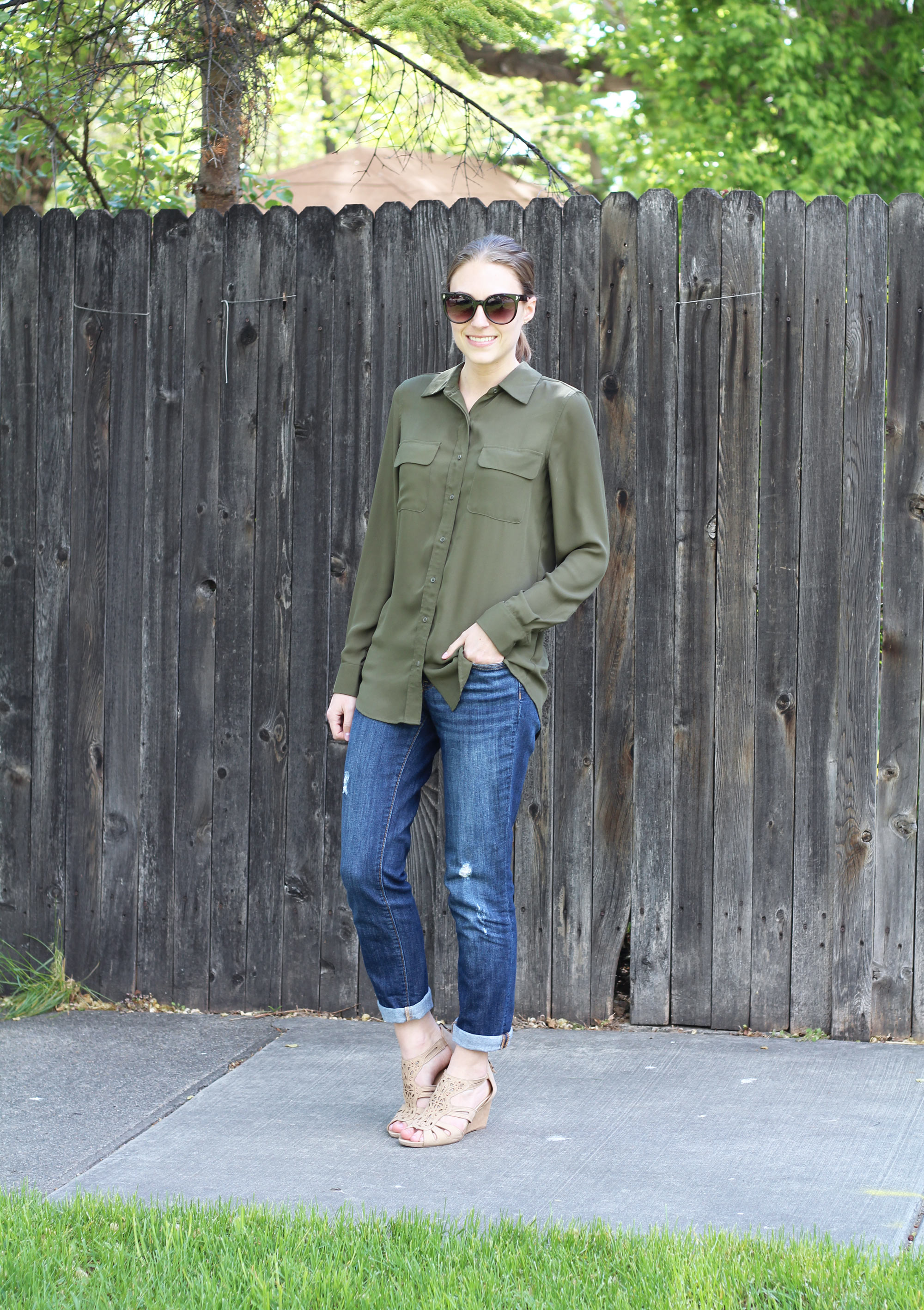 Olive + denim with Earthies Morolo sandals — Cotton Cashmere Cat Hair