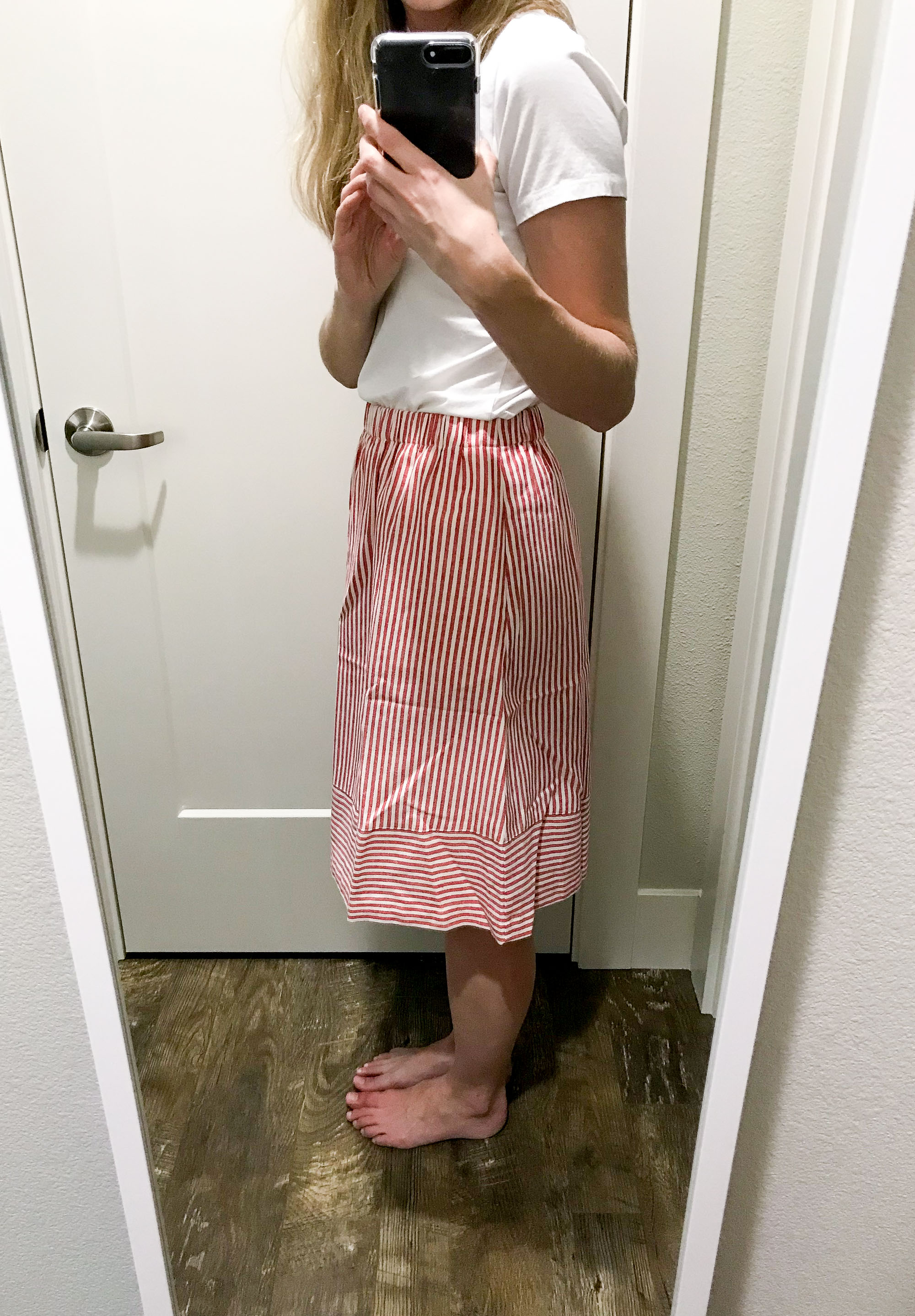 J.Crew Factory striped cotton-linen midi skirt in red stripes — Cotton Cashmere Cat Hair