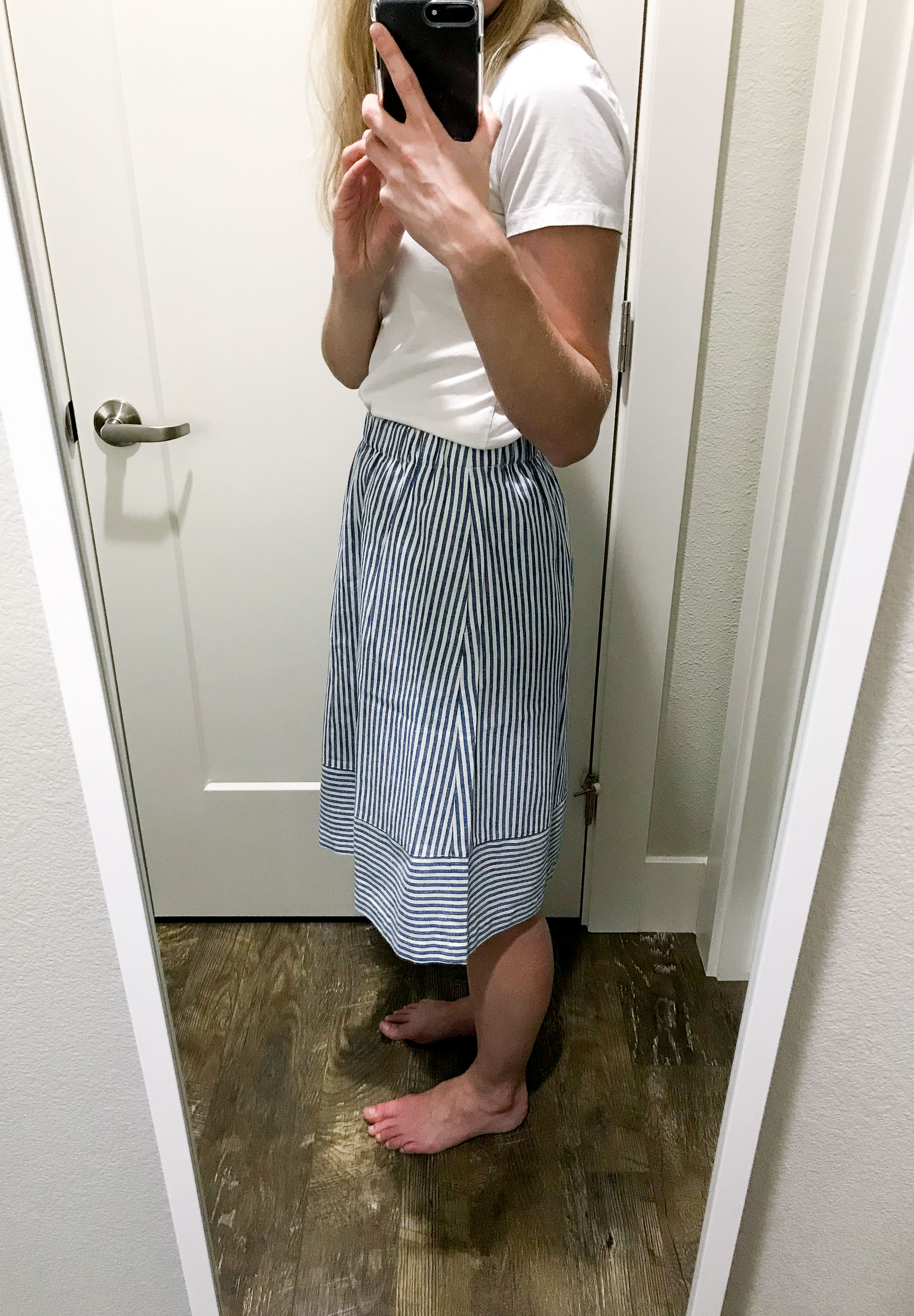 J.Crew Factory striped cotton-linen midi skirt in blue stripes — Cotton Cashmere Cat Hair