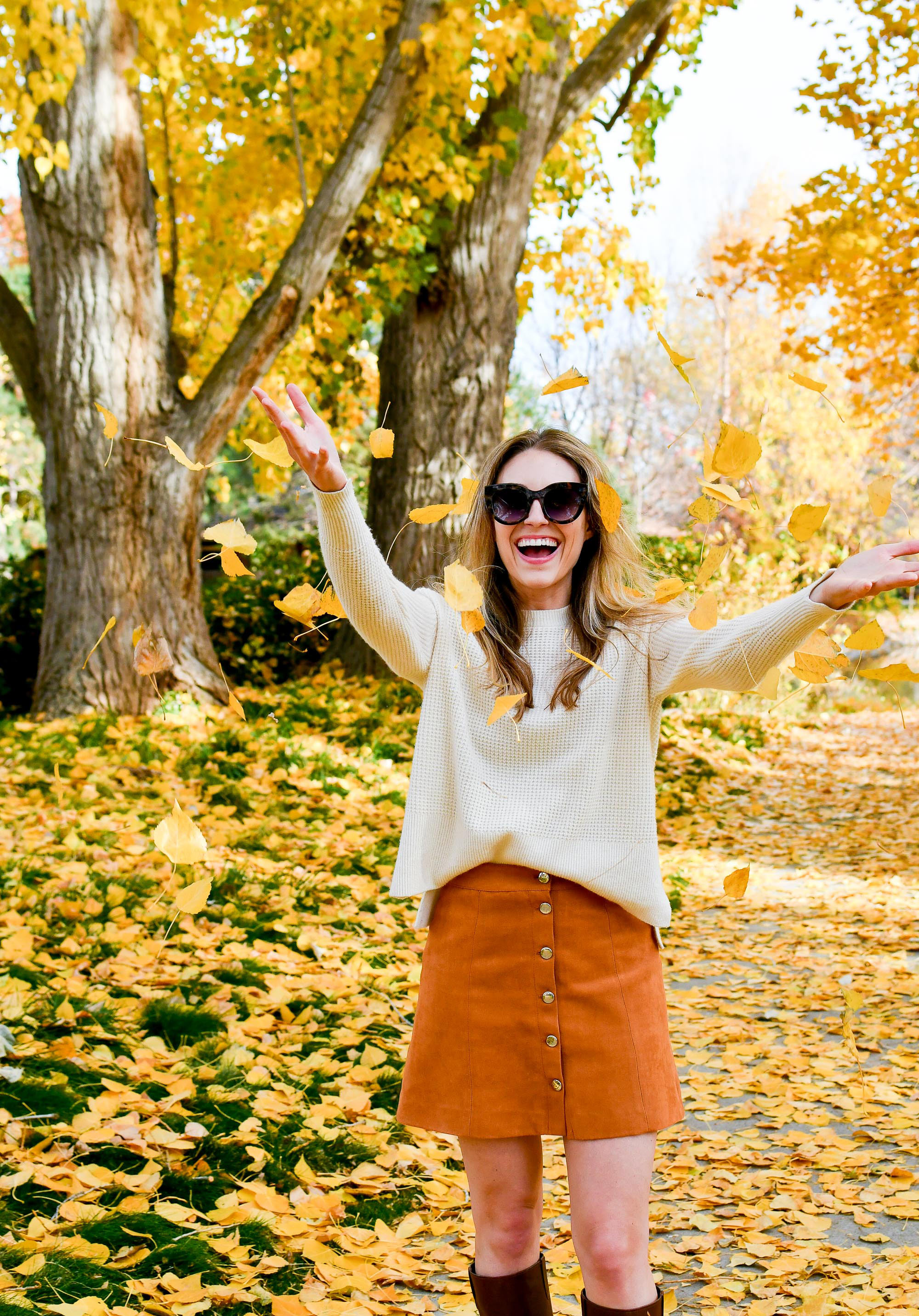 Camel mini skirt fall outfit — Cotton Cashmere Cat Hair