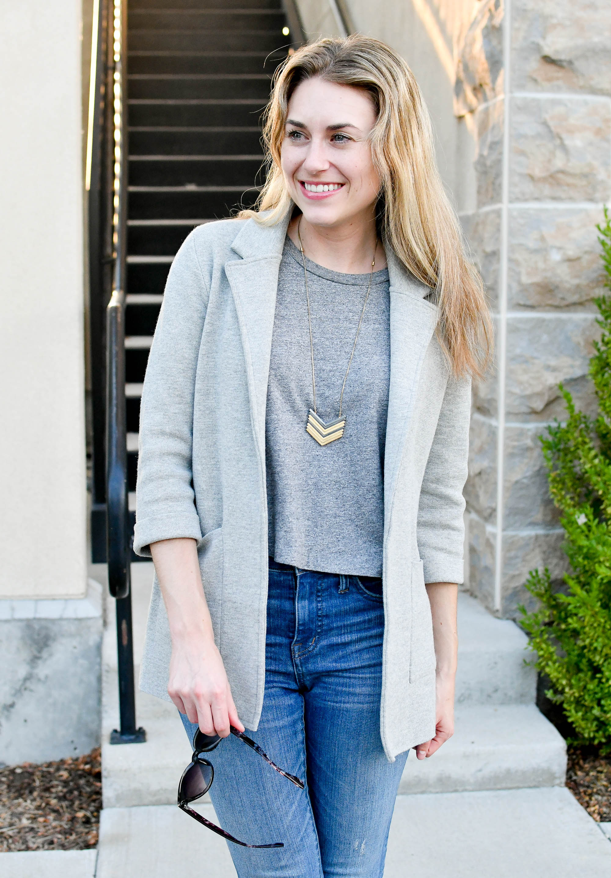 Best purchase: J.Crew Sophie open-front sweater blazer (heather grey) — Cotton Cashmere Cat Hair