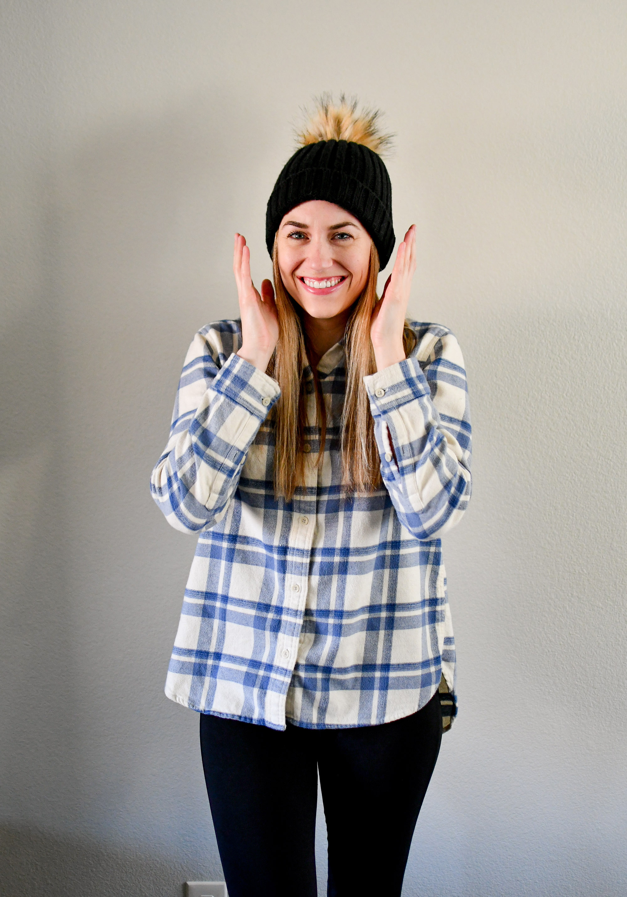 Winter outfit with flannel shirt and black beanie — Cotton Cashmere Cat Hair