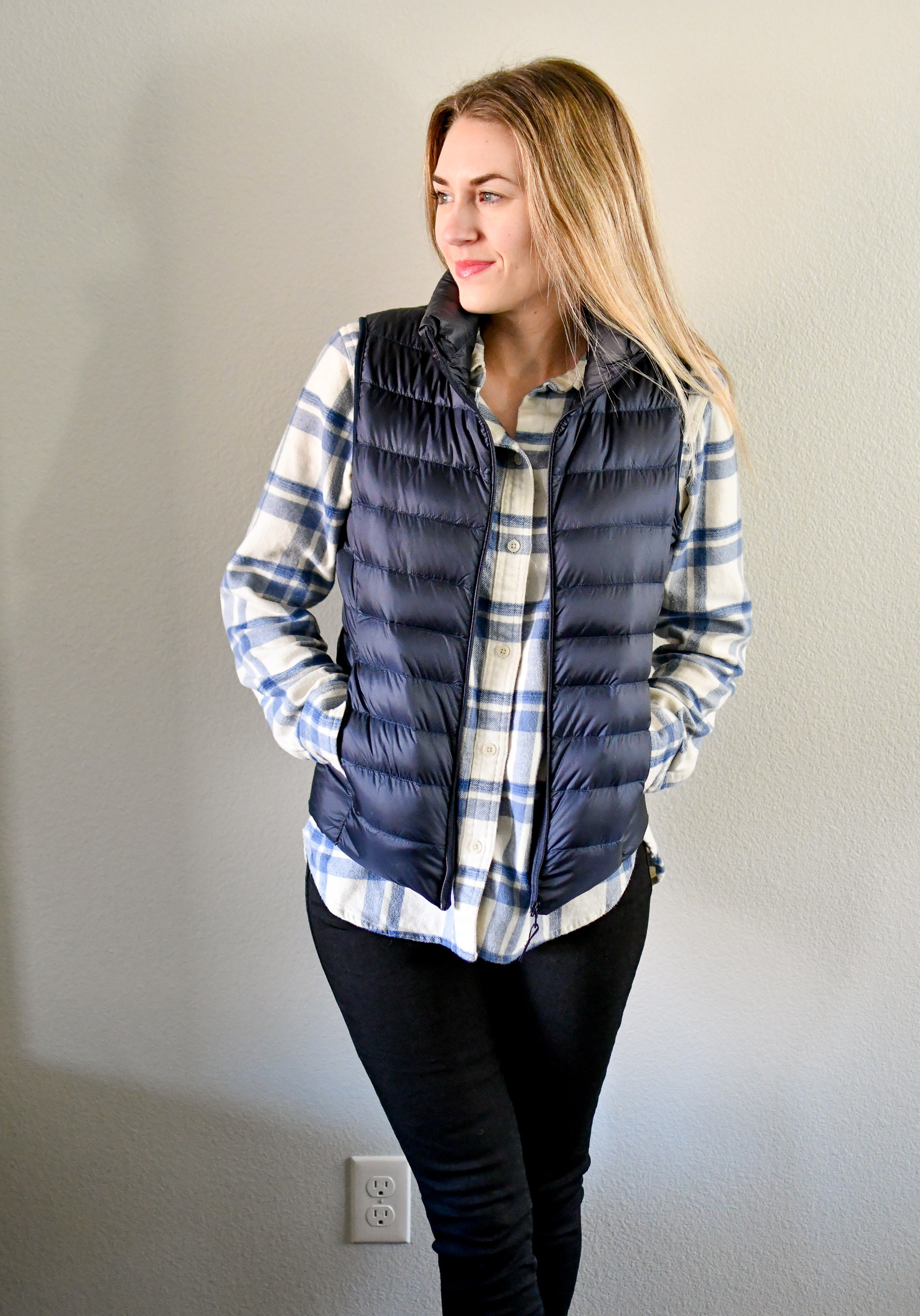 Uniqlo ultra light down vest outfit — Cotton Cashmere Cat Hair