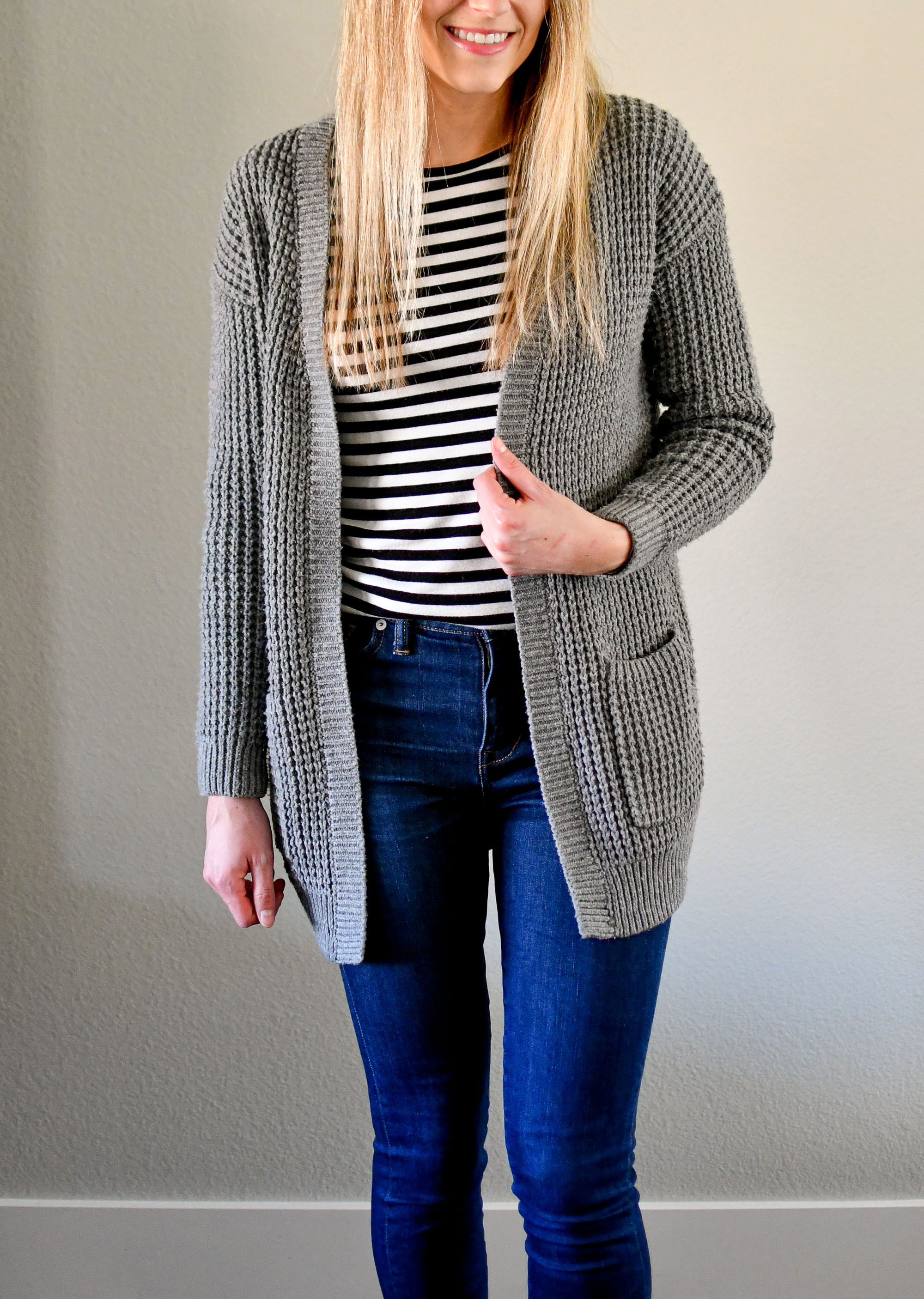 Grey cardigan casual winter outfit with striped tee — Cotton Cashmere Cat Hair