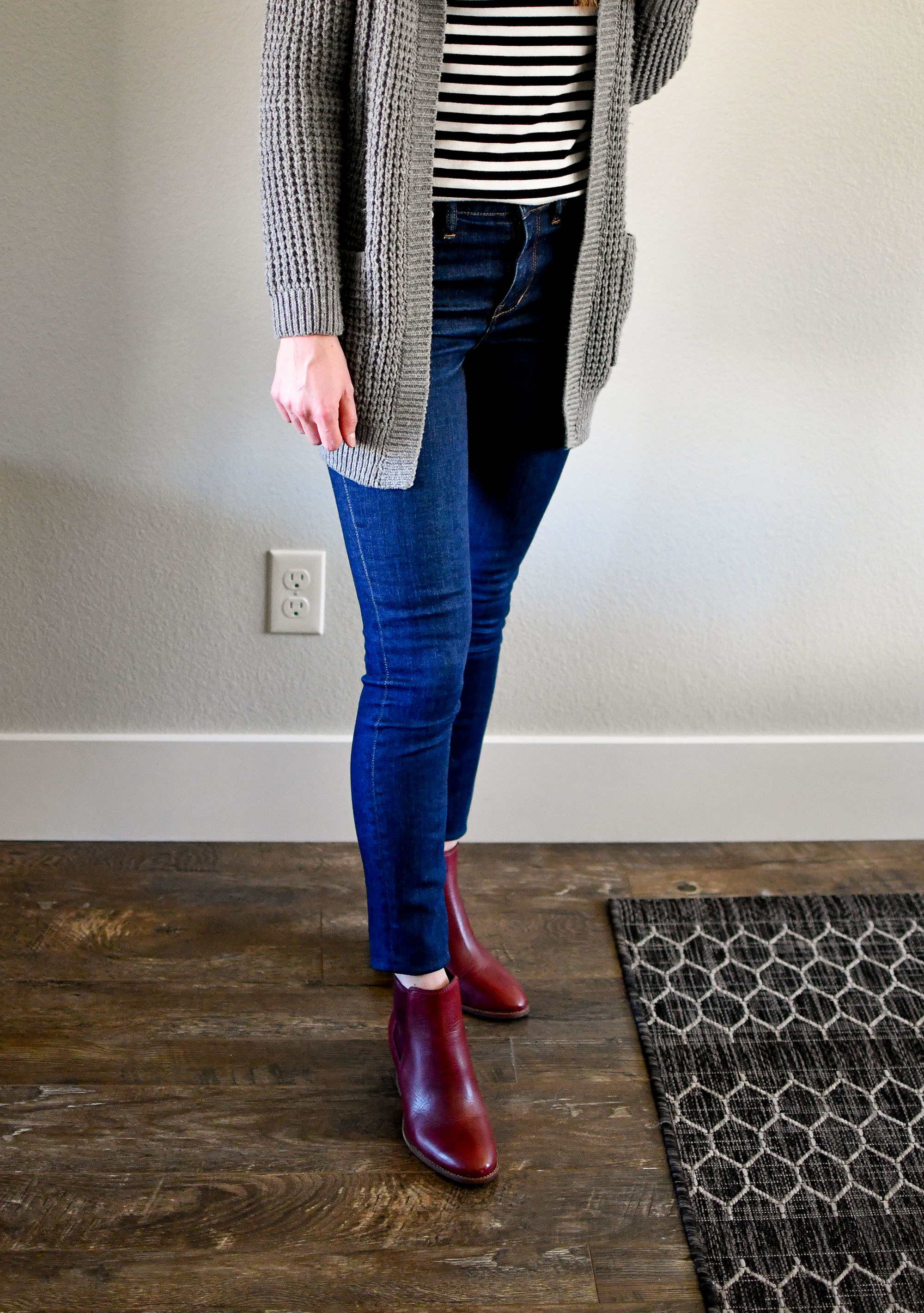 Madewell red Regan ankle boots winter outfit — Cotton Cashmere Cat Hair