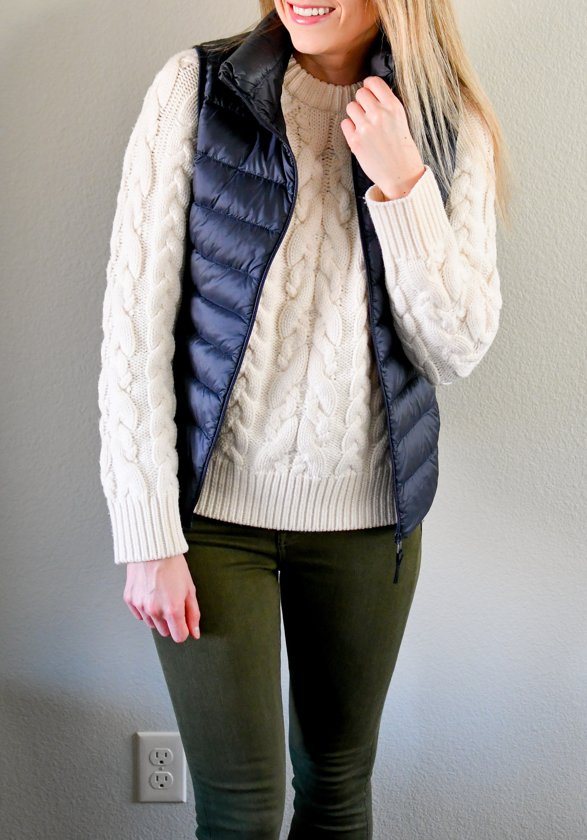 Amour Vert Kendra cable knit sweater + Uniqlo vest — Cotton Cashmere Cat Hair