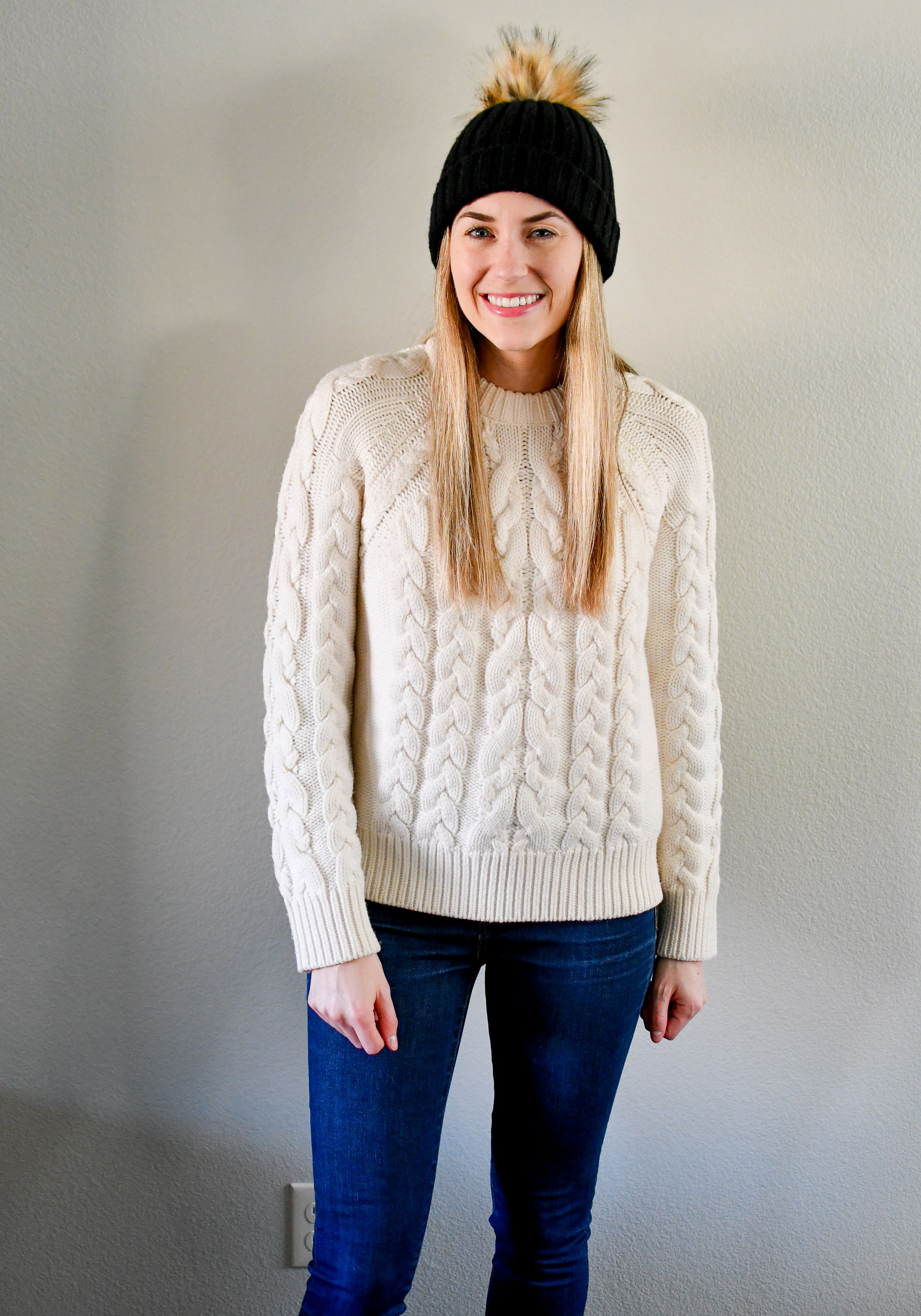 Ivory cable knit sweater outfit with black beanie — Cotton Cashmere Cat Hair