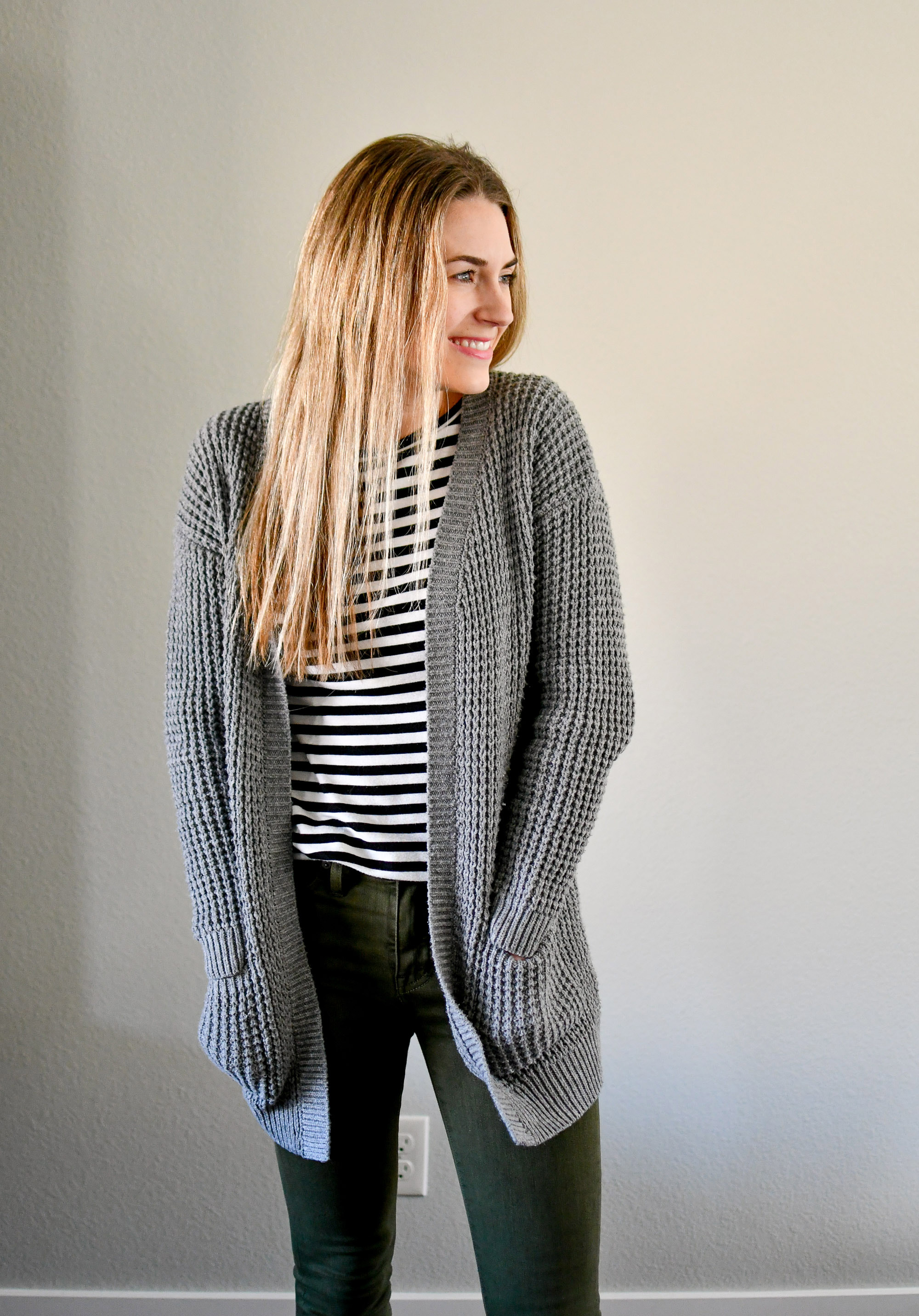 Grey cardigan winter outfit with striped tee — Cotton Cashmere Cat Hair