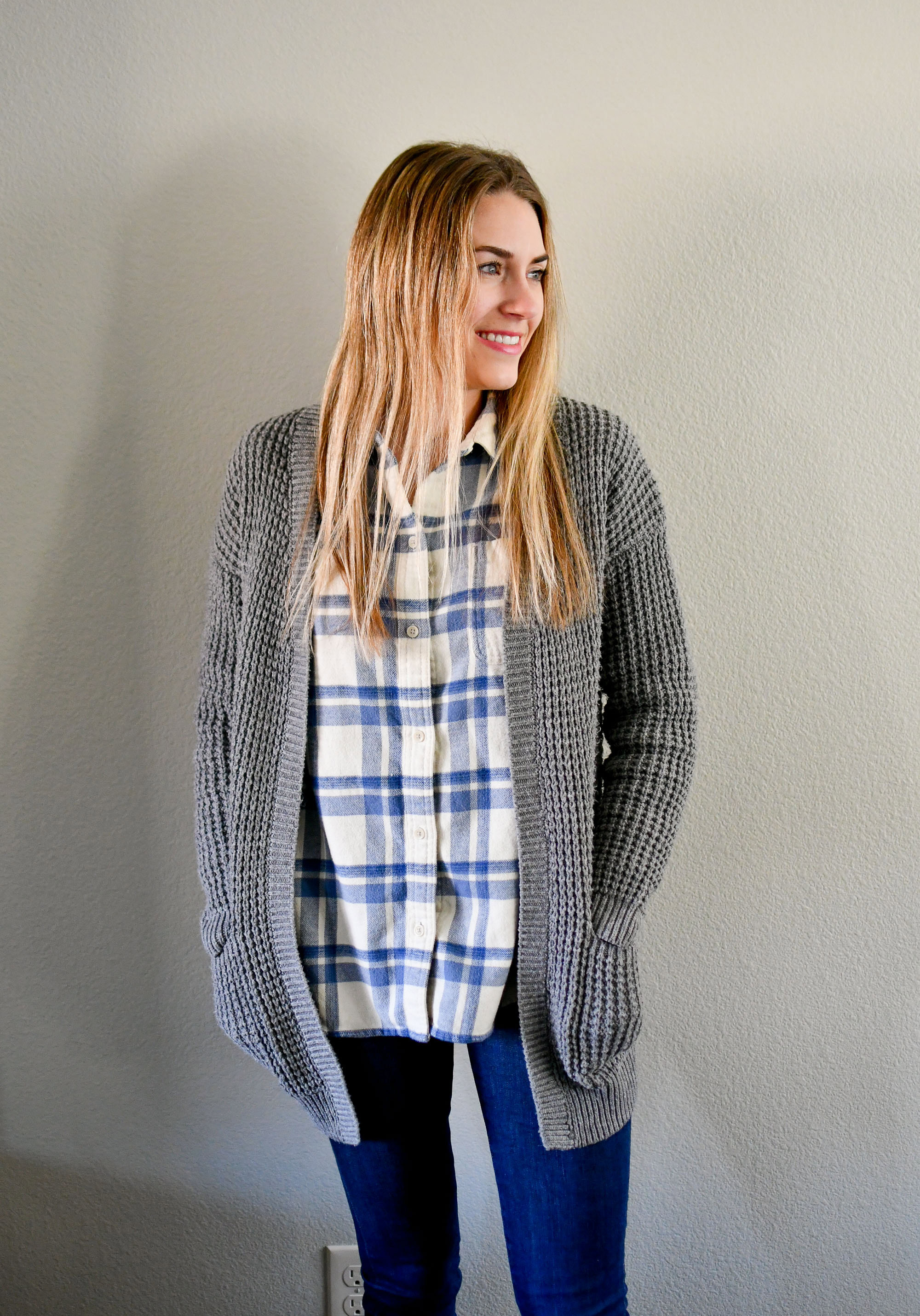 Grey cardigan winter outfit with flannel shirt — Cotton Cashmere Cat Hair