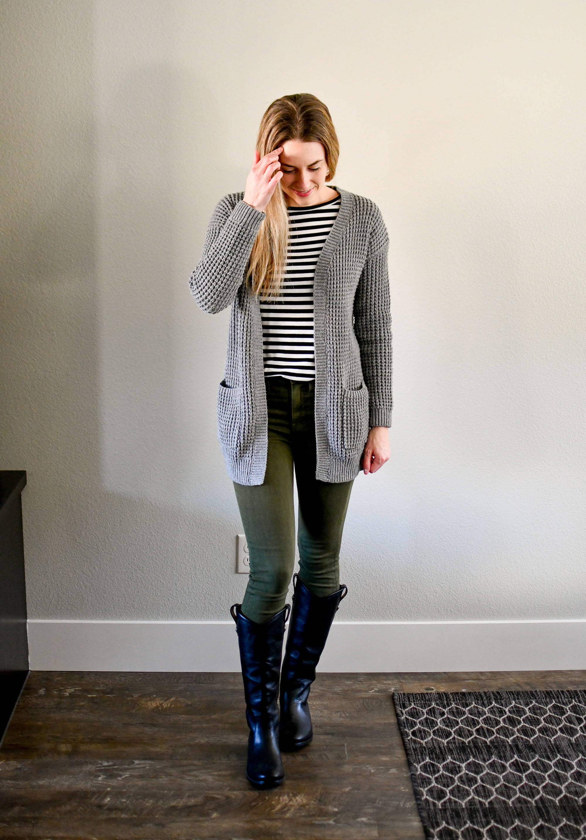 Casual winter outfit with grey cardigan, striped tee, olive green jeans, Frye boots — Cotton Cashmere Cat Hair