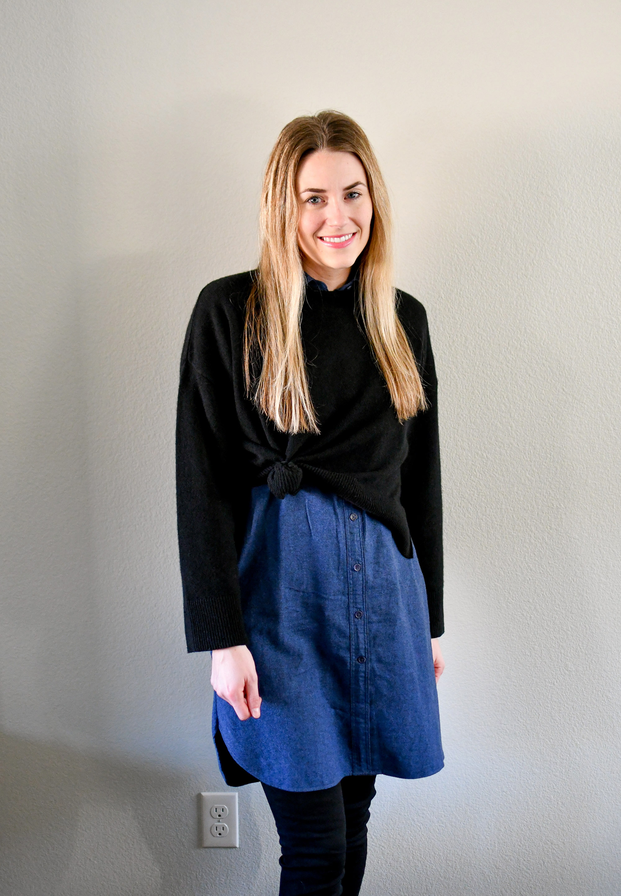 Cropped sweater winter outfit over shirt dress — Cotton Cashmere Cat Hair