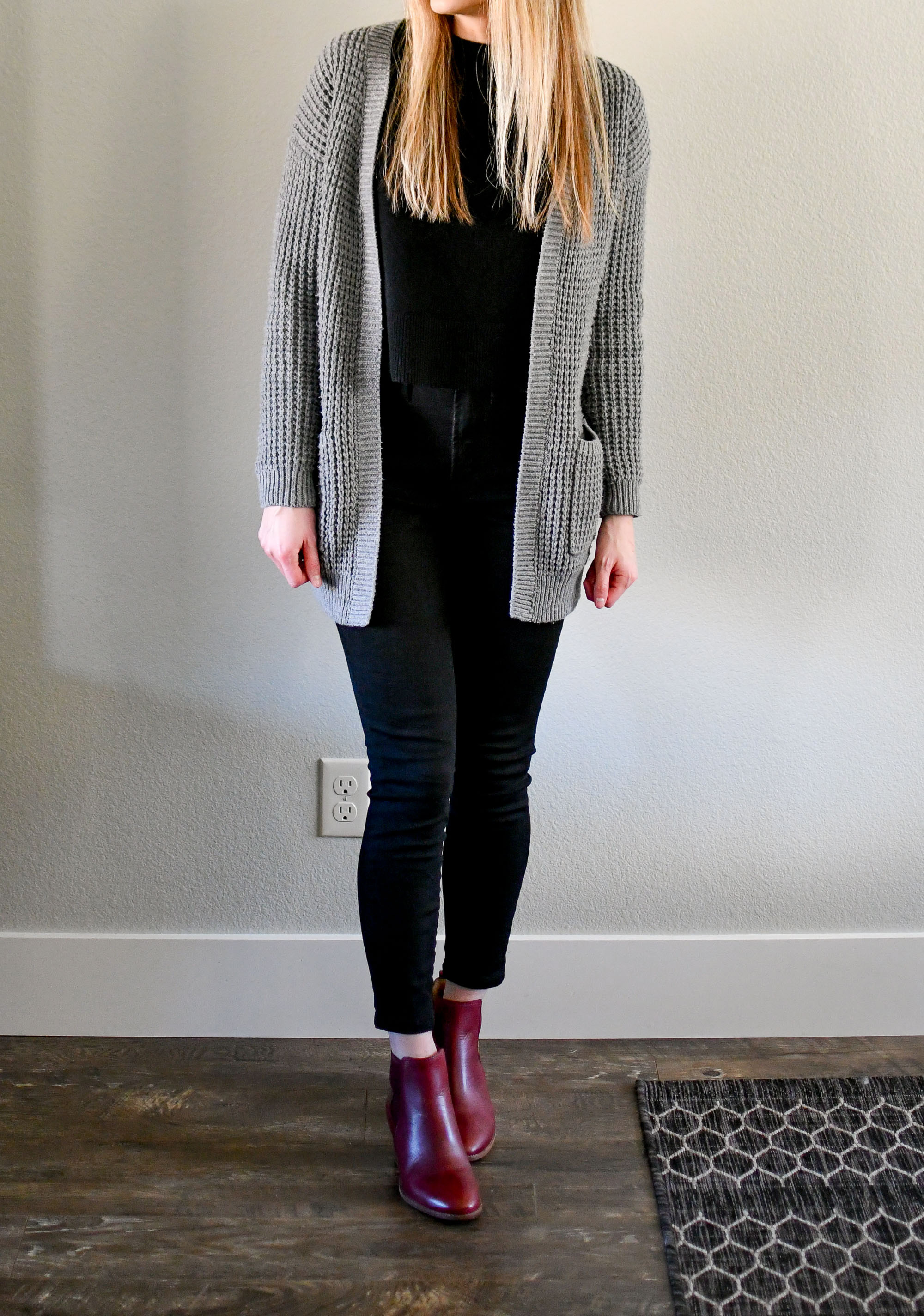 Grey cardigan, black sweater, black denim, red ankle boots — Cotton Cashmere Cat Hair
