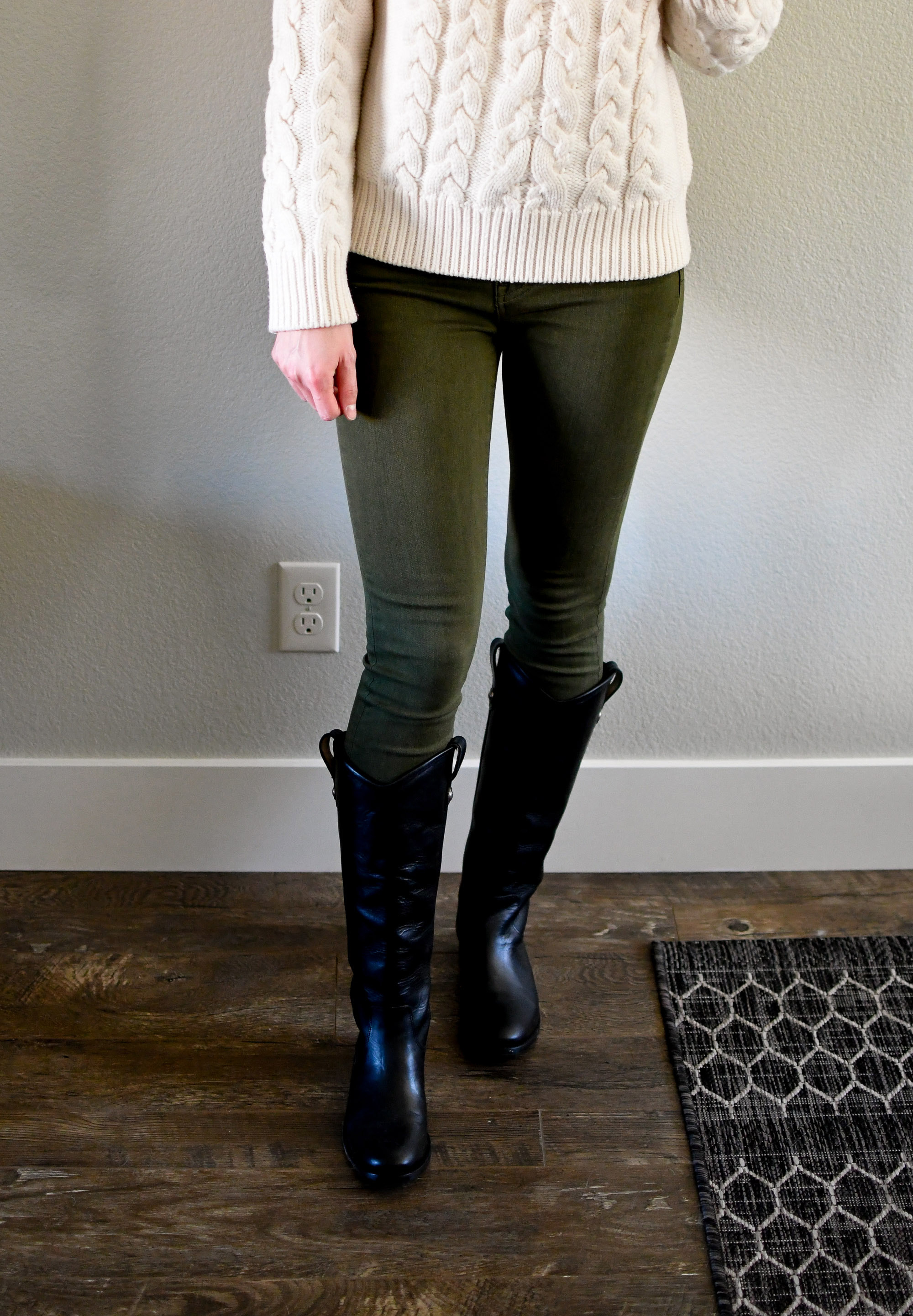 Ivory sweater, olive skinny jeans, black Frye Melissa Button boots — Cotton Cashmere Cat Hair