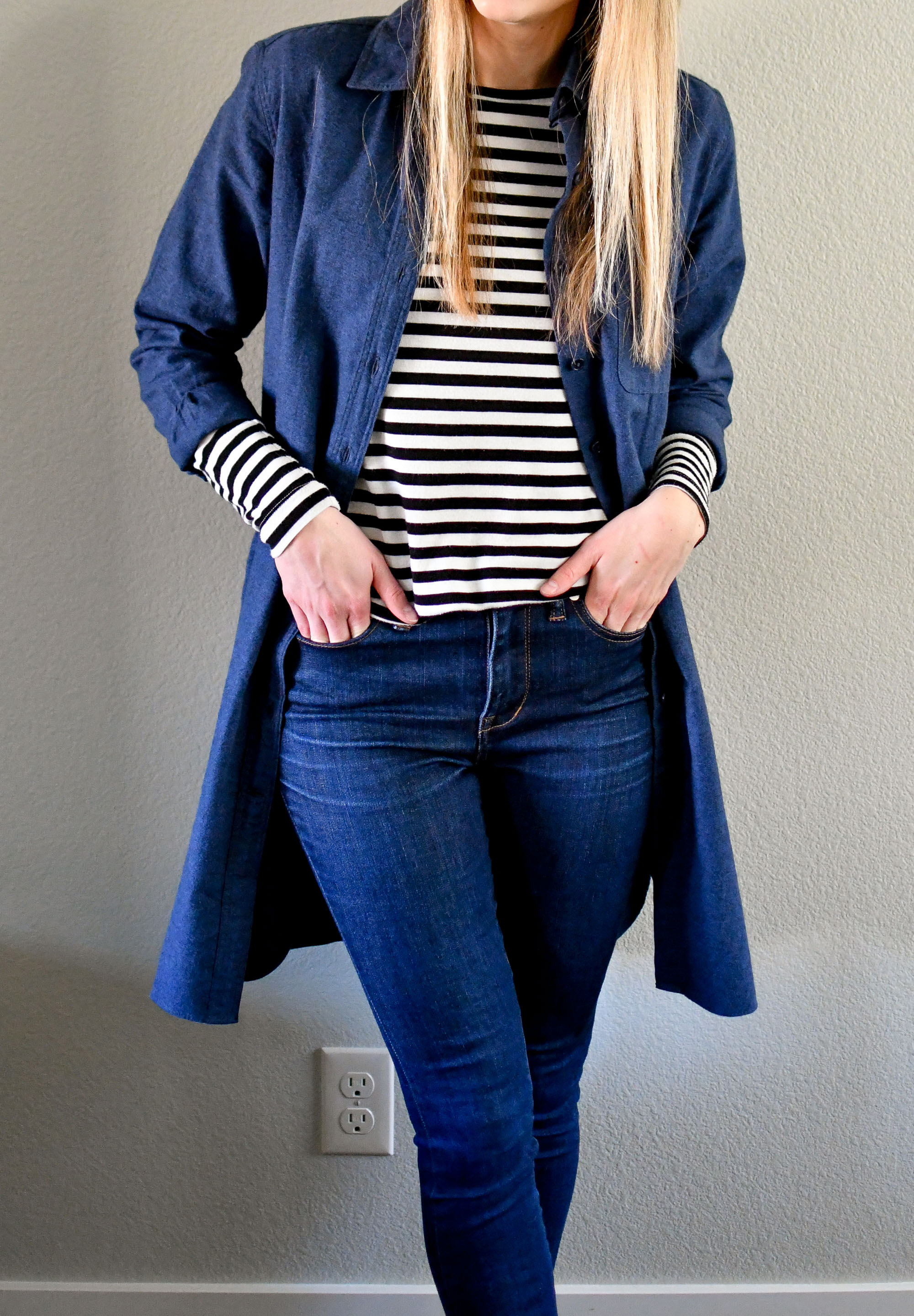 Winter outfit with dress as duster and striped tee — Cotton Cashmere Cat Hair