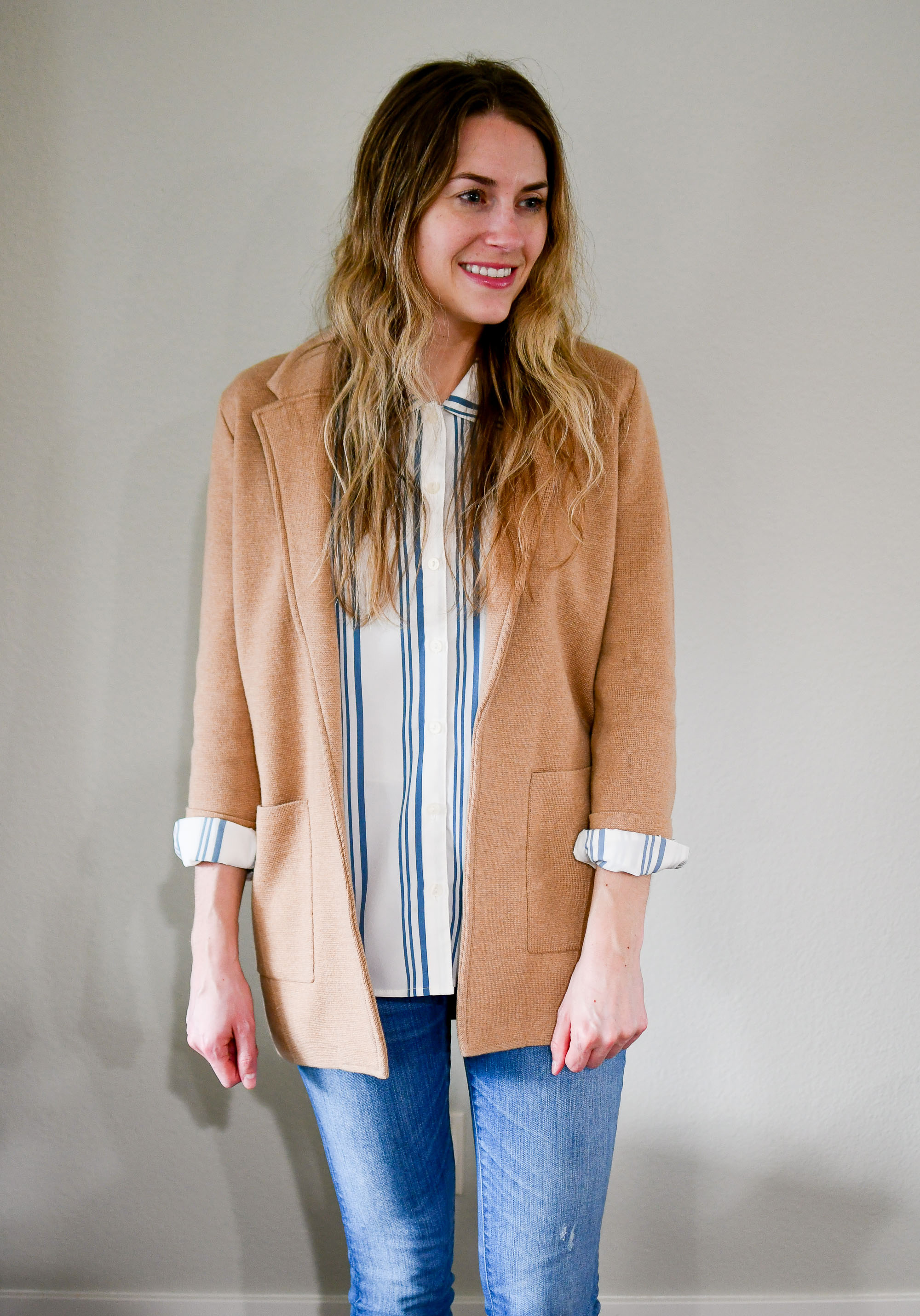 Camel sweater blazer work outfit — Cotton Cashmere Cat Hair