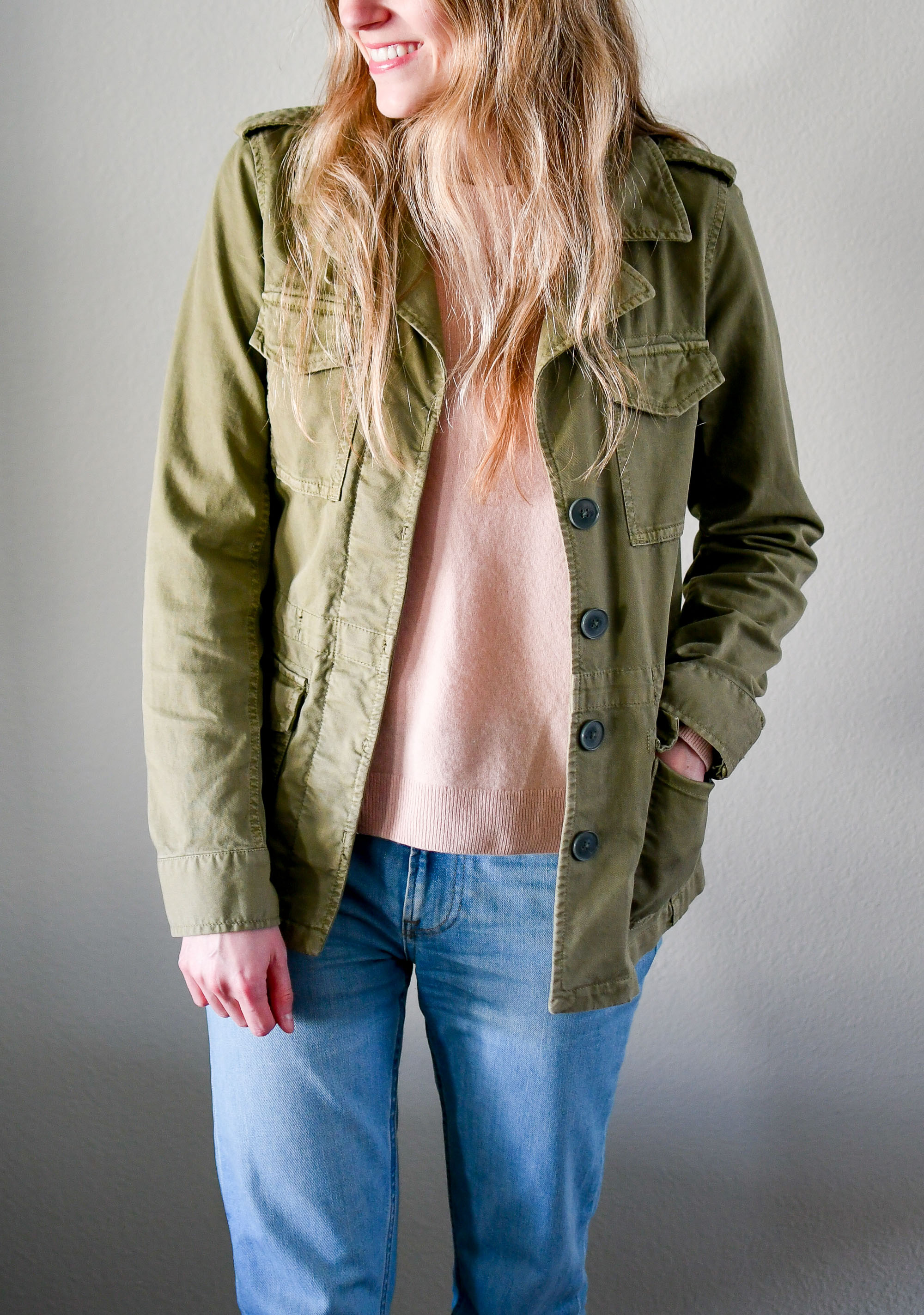 Army green utility jacket outfit with pink sweater — Cotton Cashmere Cat Hair