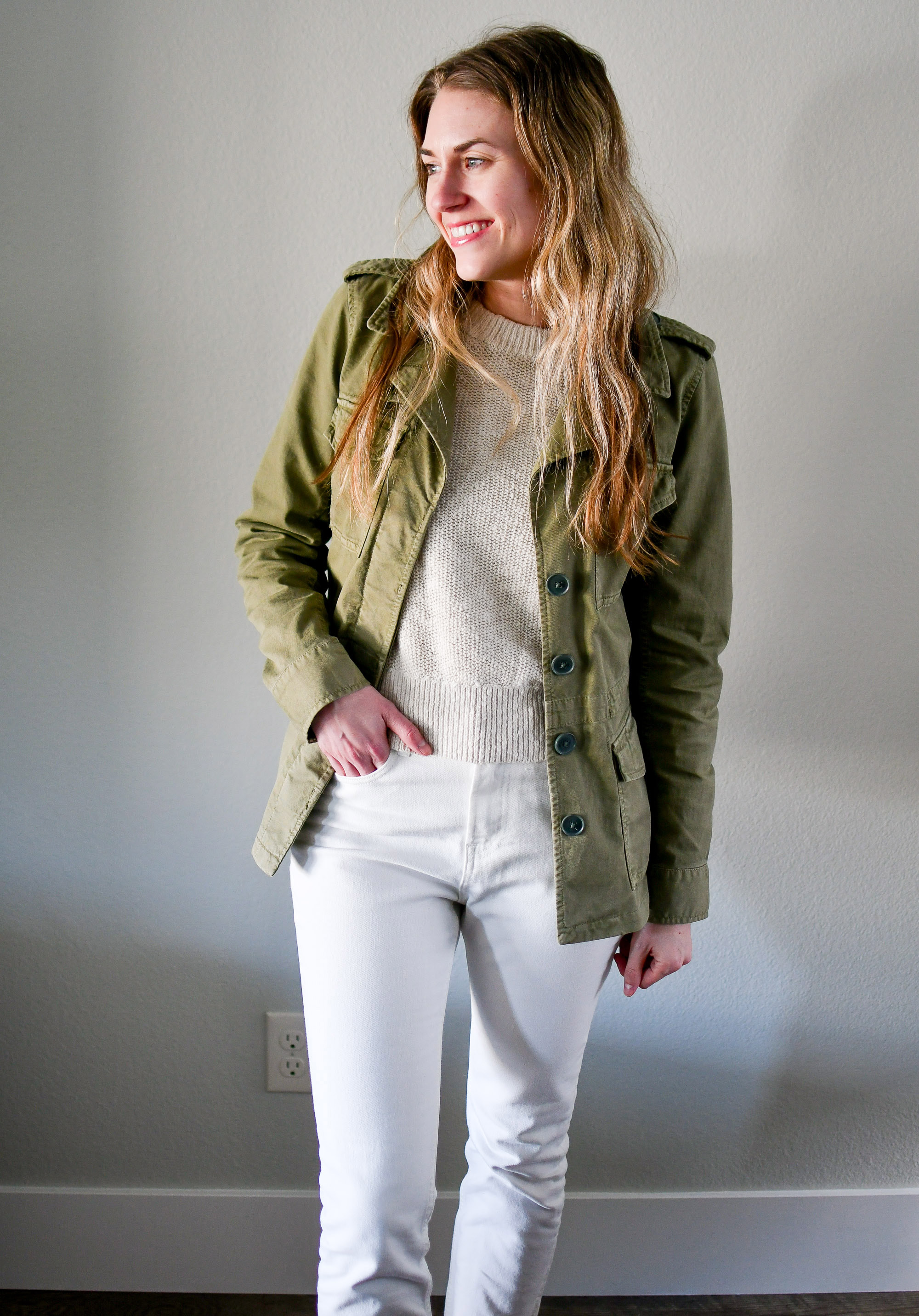 Green utility jacket spring outfit — Cotton Cashmere Cat Hair
