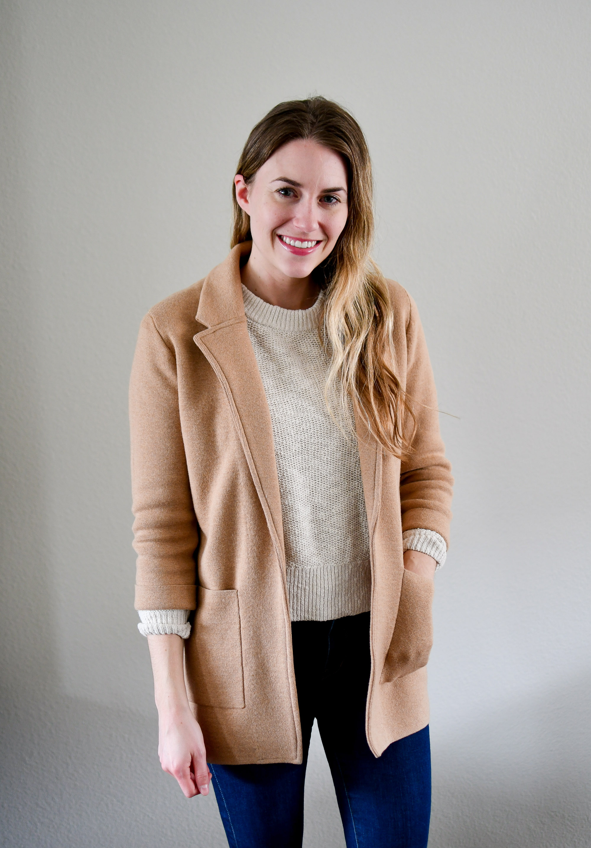 Camel sweater blazer and cotton-linen sweater outfit — Cotton Cashmere Cat Hair