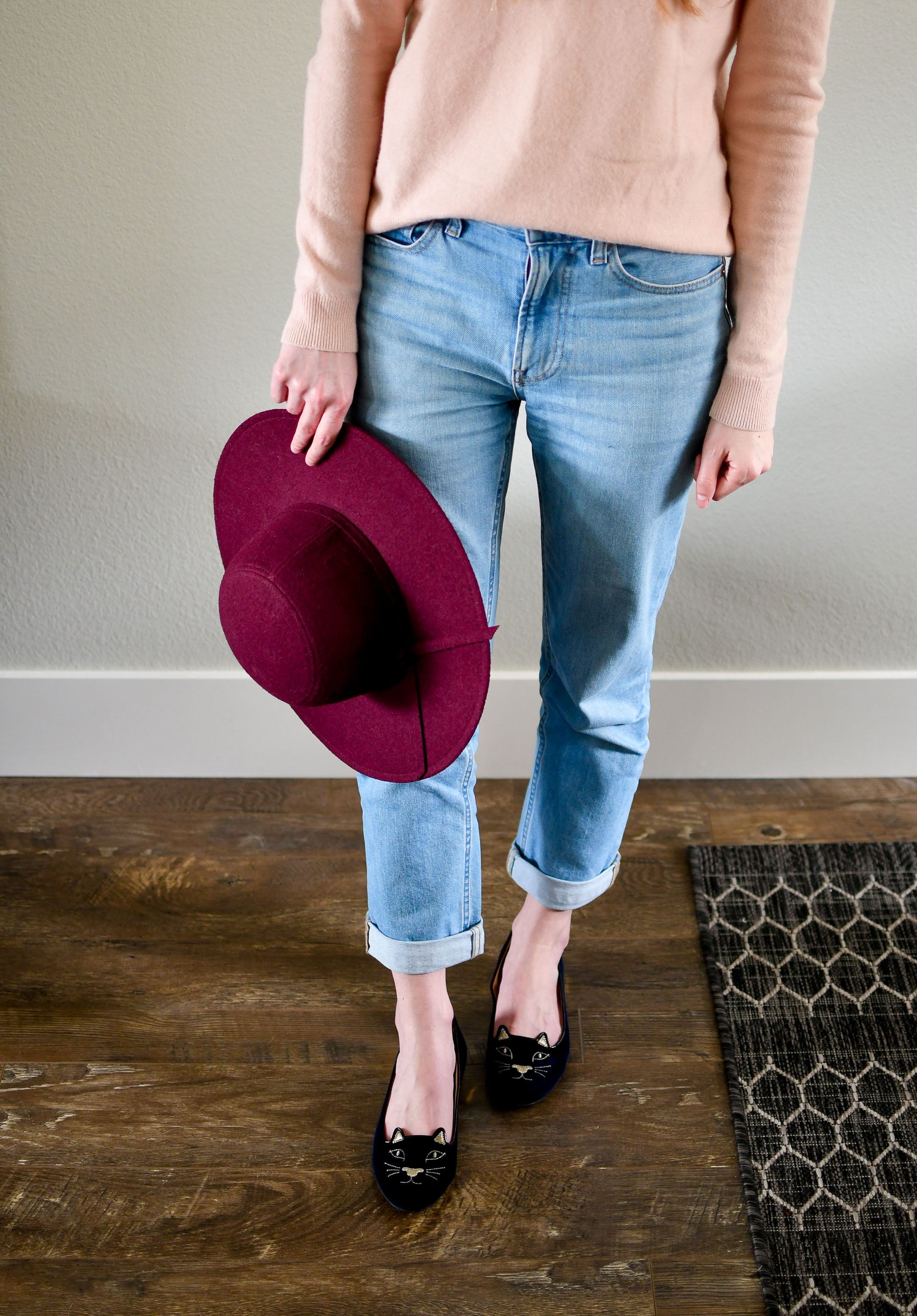 Burgundy hat spring outfit with pink cashmere and Kitty flats — Cotton Cashmere Cat Hair