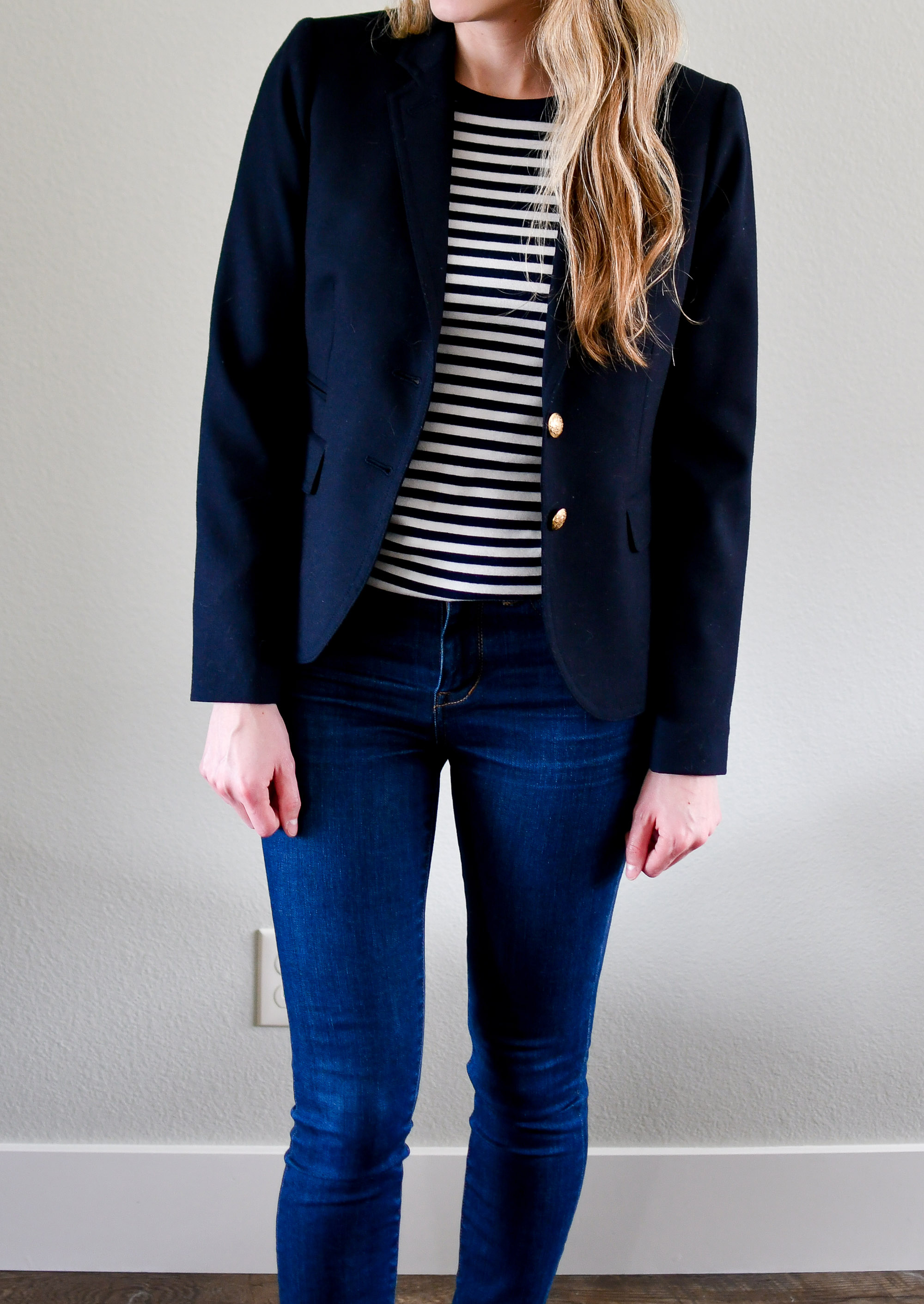 J.Crew Schoolboy blazer work outfit with striped tee — Cotton Cashmere Cat Hair