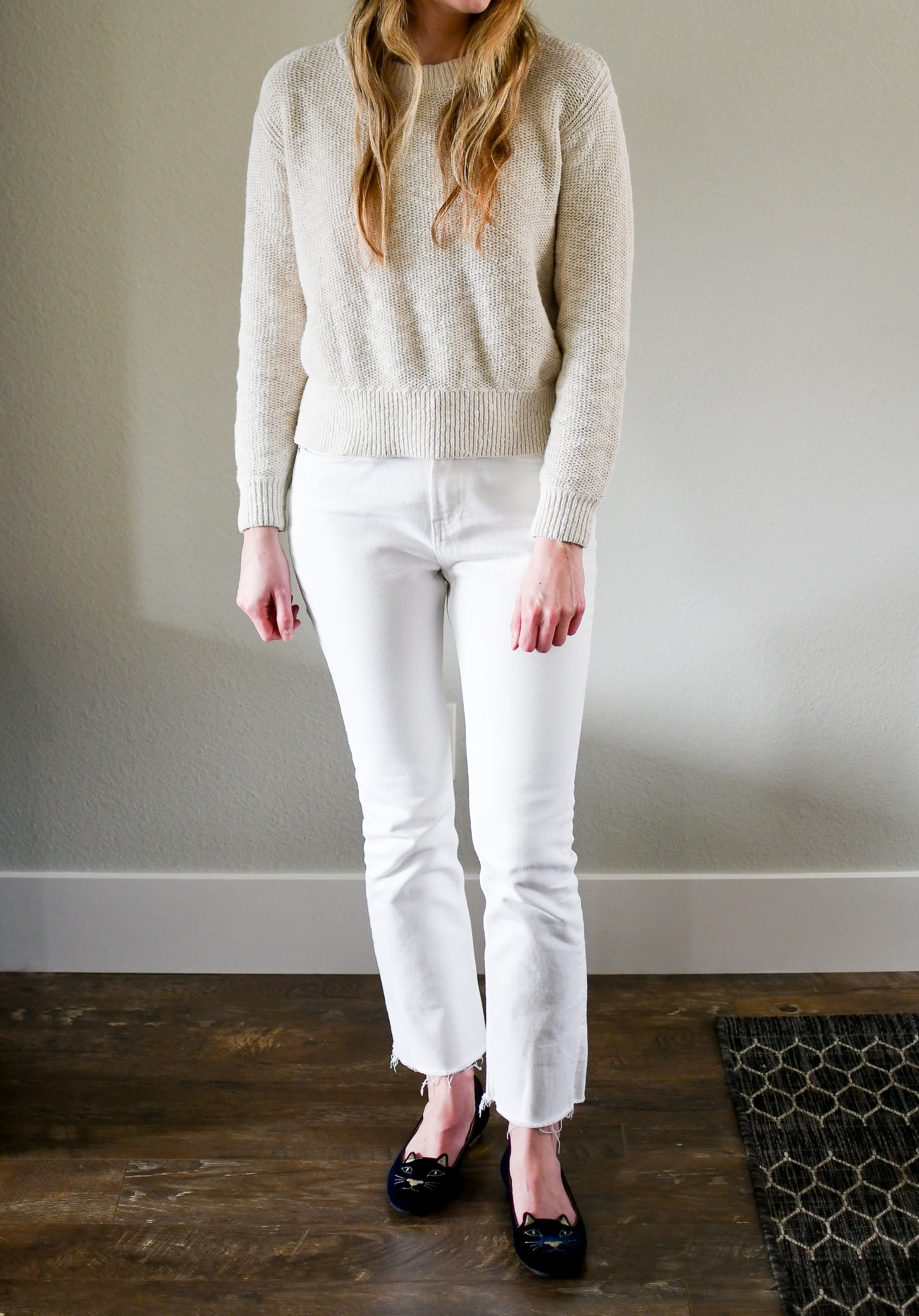 Everlane cotton-linen sweater and kick crop jeans — Cotton Cashmere Cat Hair