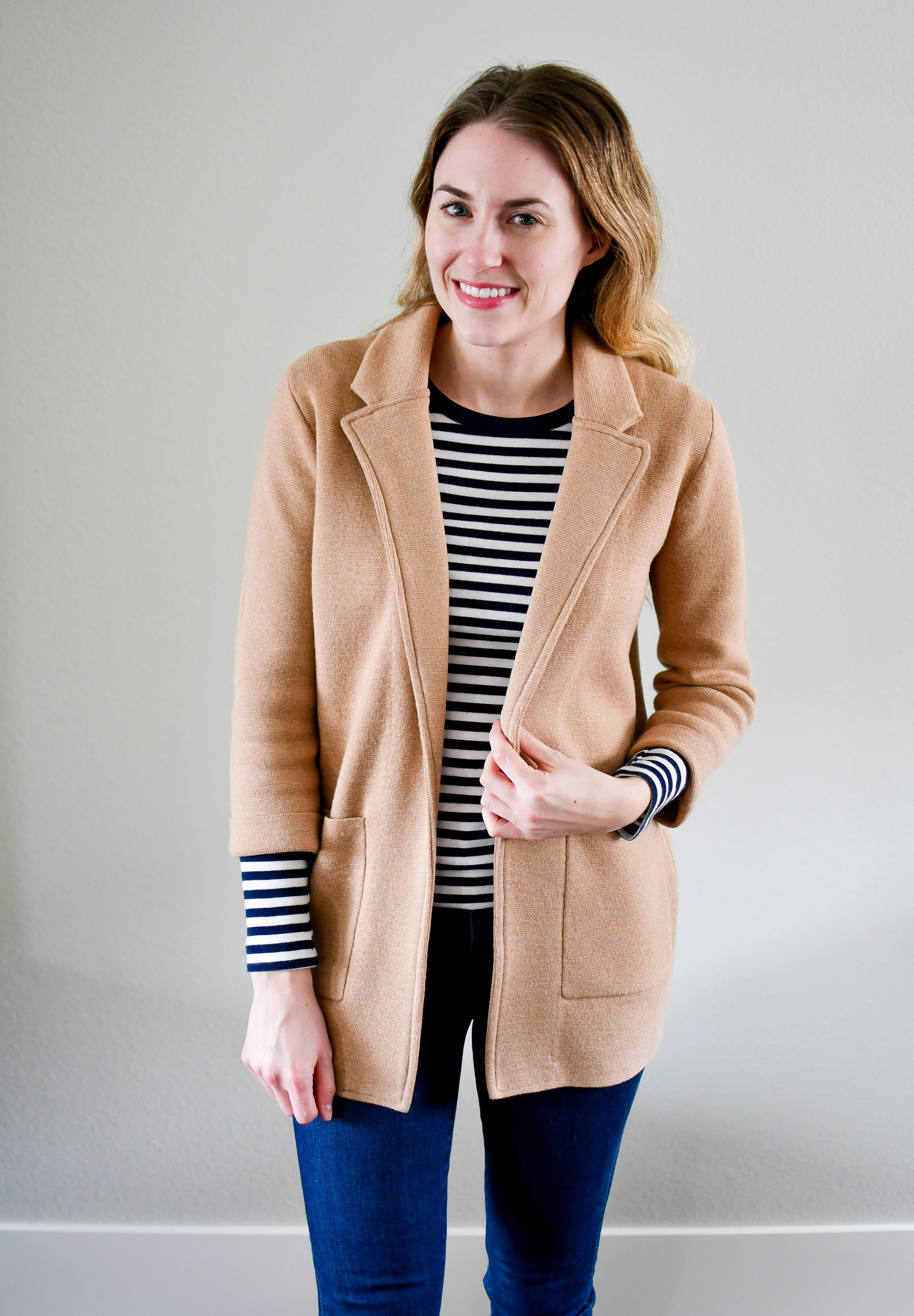 Camel sweater blazer and navy striped tee — Cotton Cashmere Cat Hair