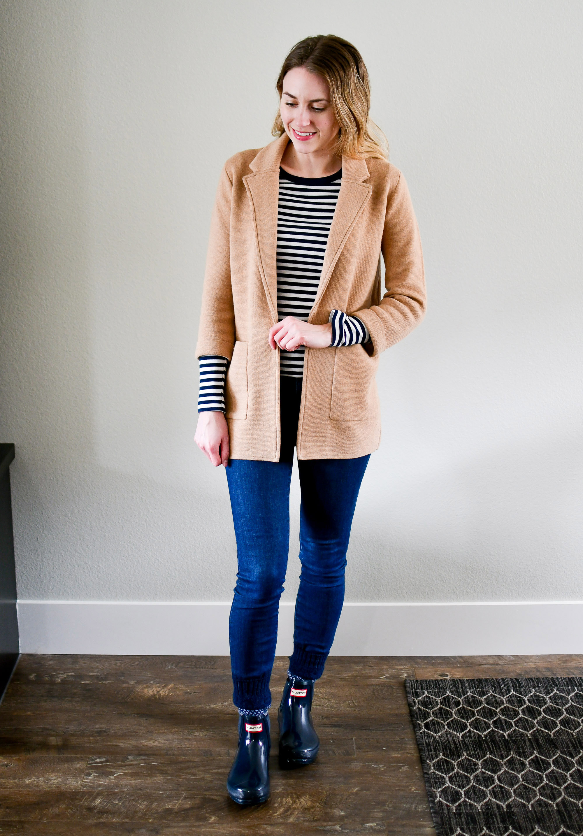 Rainy day outfit with camel sweater blazer and navy striped tee — Cotton Cashmere Cat Hair