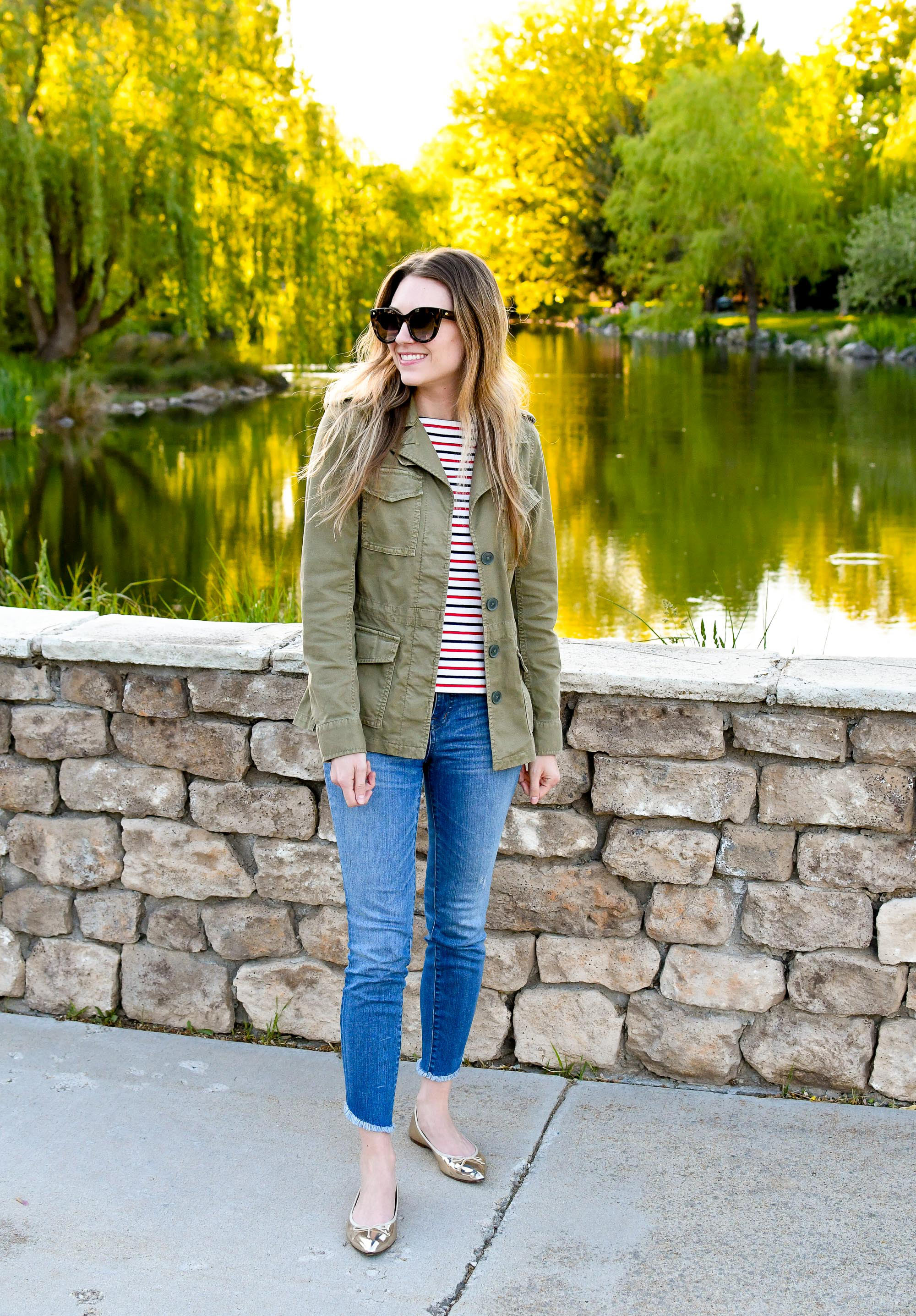 Transitional Spring Outfit Idea with Olive Jacket & Striped
