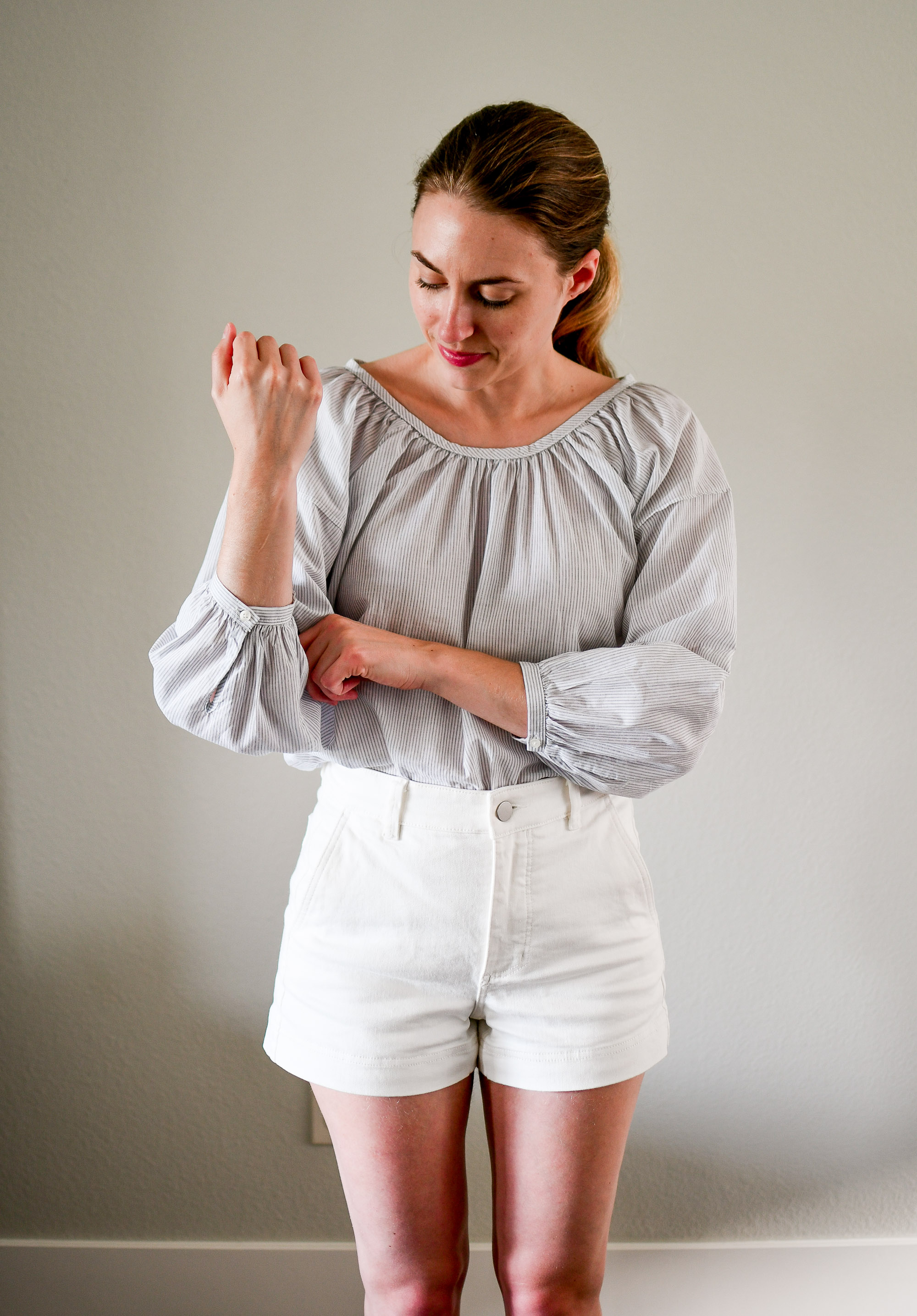 Everlane The Air Ruched Blouse in white multi stripe — Cotton Cashmere Cat Hair