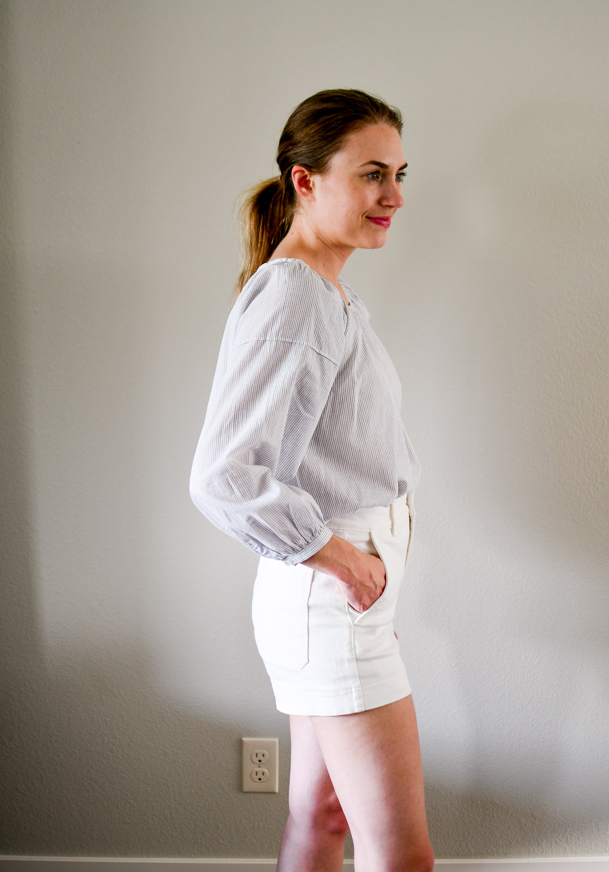 Everlane The Air Ruched Blouse in white multi stripe — Cotton Cashmere Cat Hair