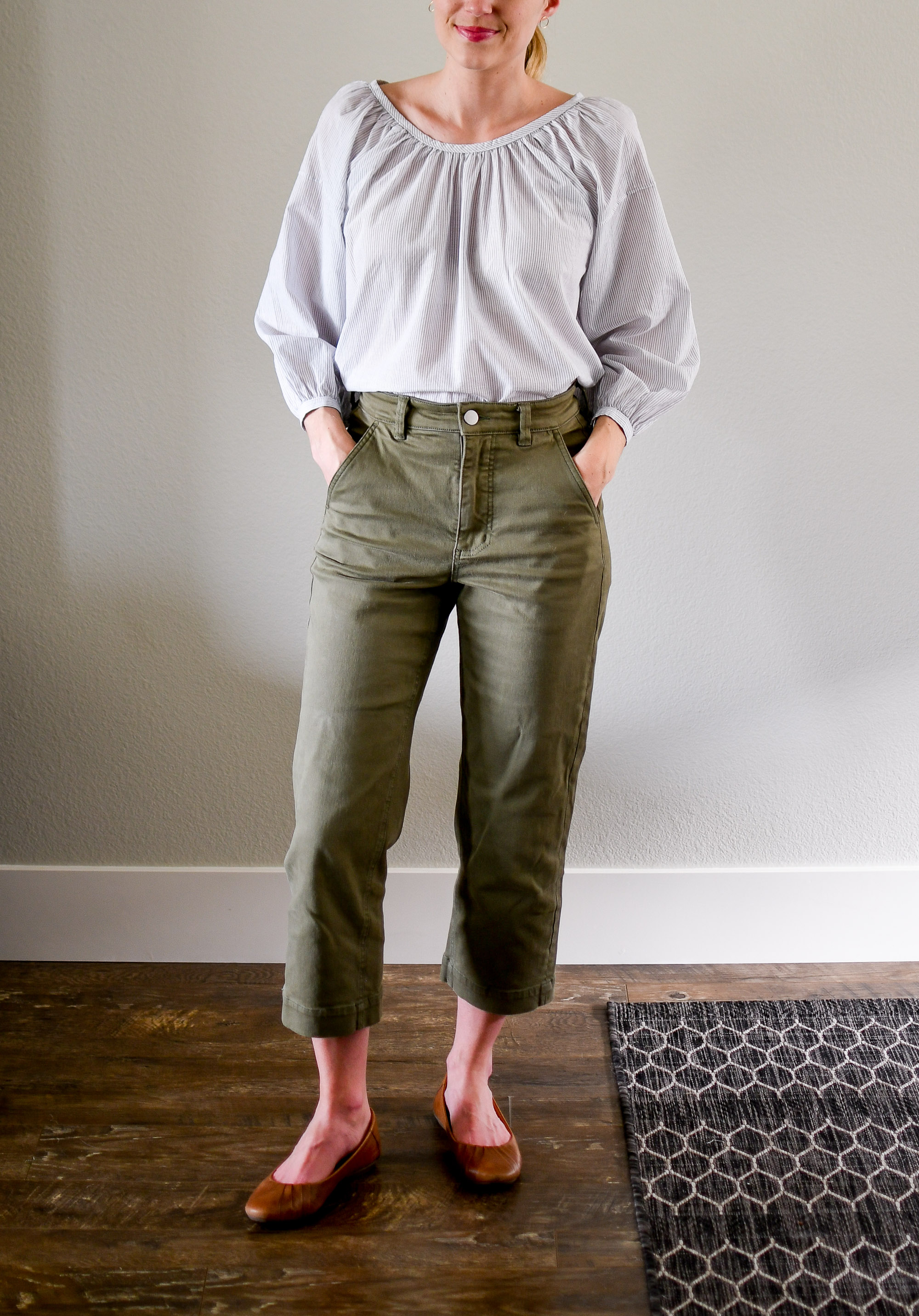Everlane air ruched blouse and straight leg crop pants summer outfit — Cotton Cashmere Cat Hair