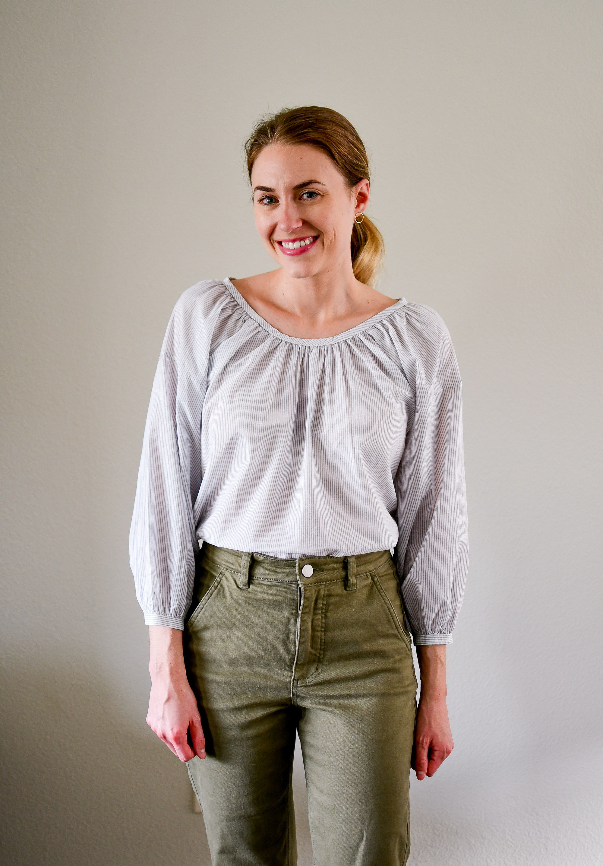 Everlane air ruched blouse summer work outfit — Cotton Cashmere Cat Hair