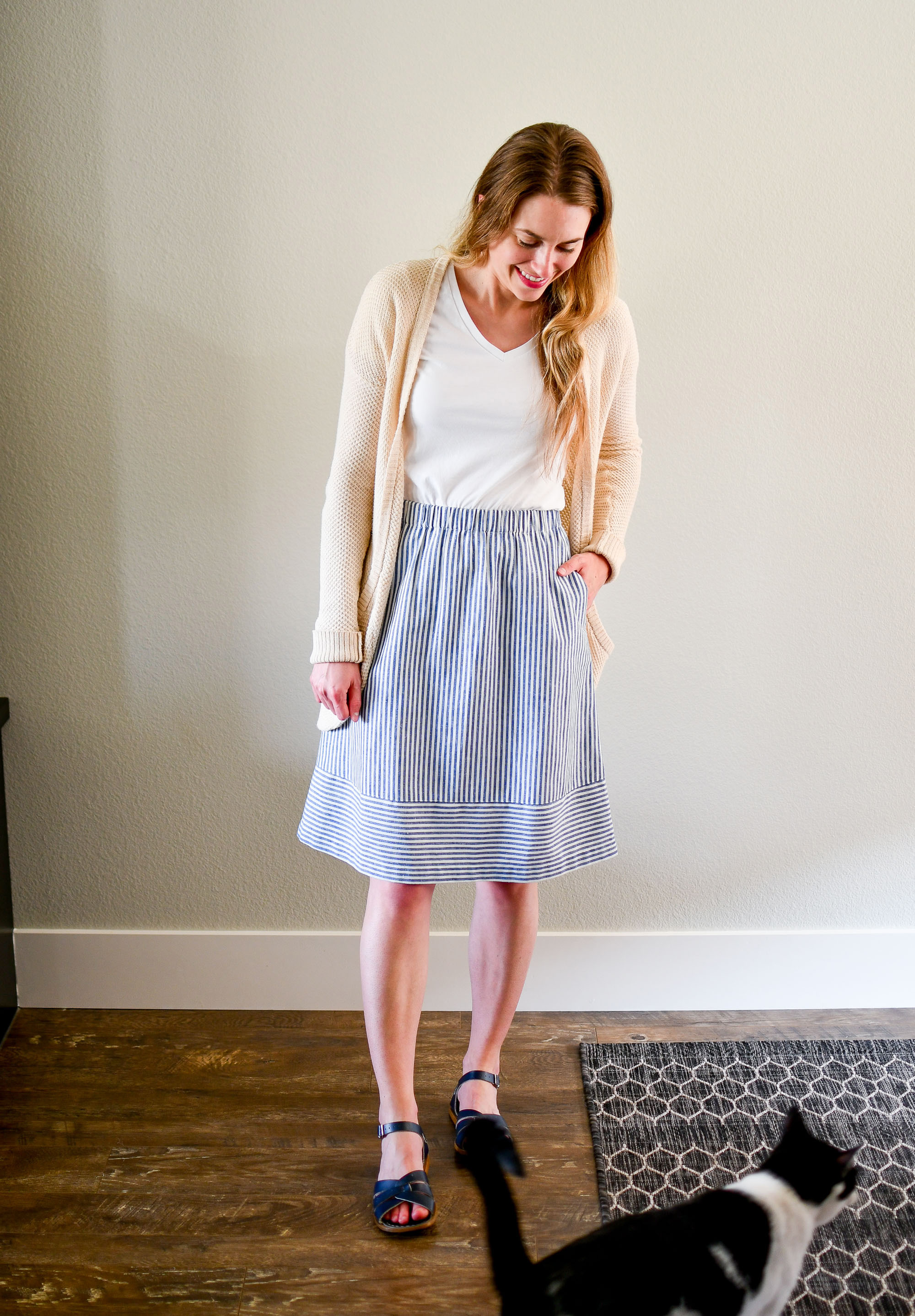 Blue striped midi skirt summer work outfit — Cotton Cashmere Cat Hair