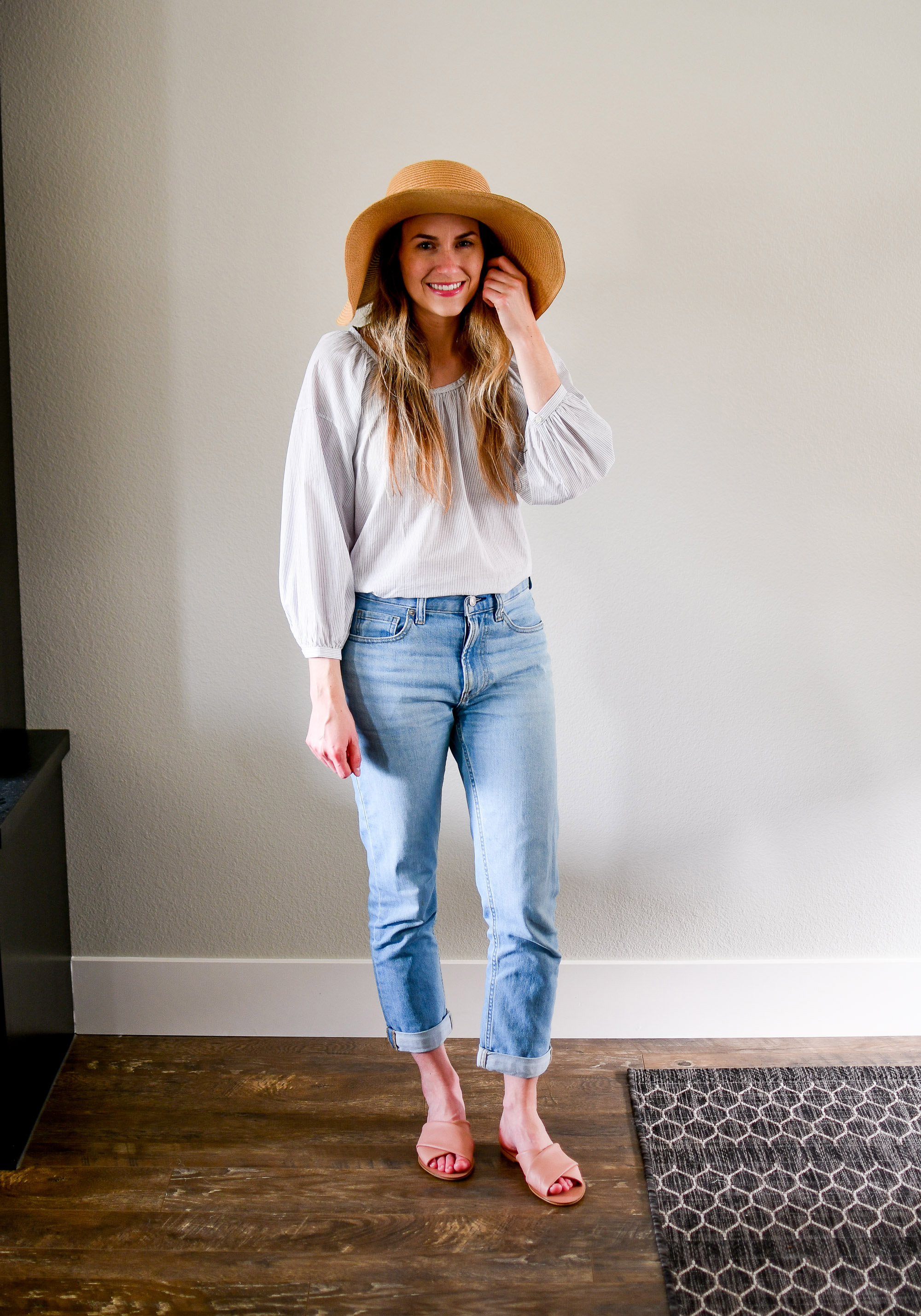 Casual Everlane outfit with air ruched blouse, modern boyfriend jeans, day crossover sandal — Cotton Cashmere Cat Hair