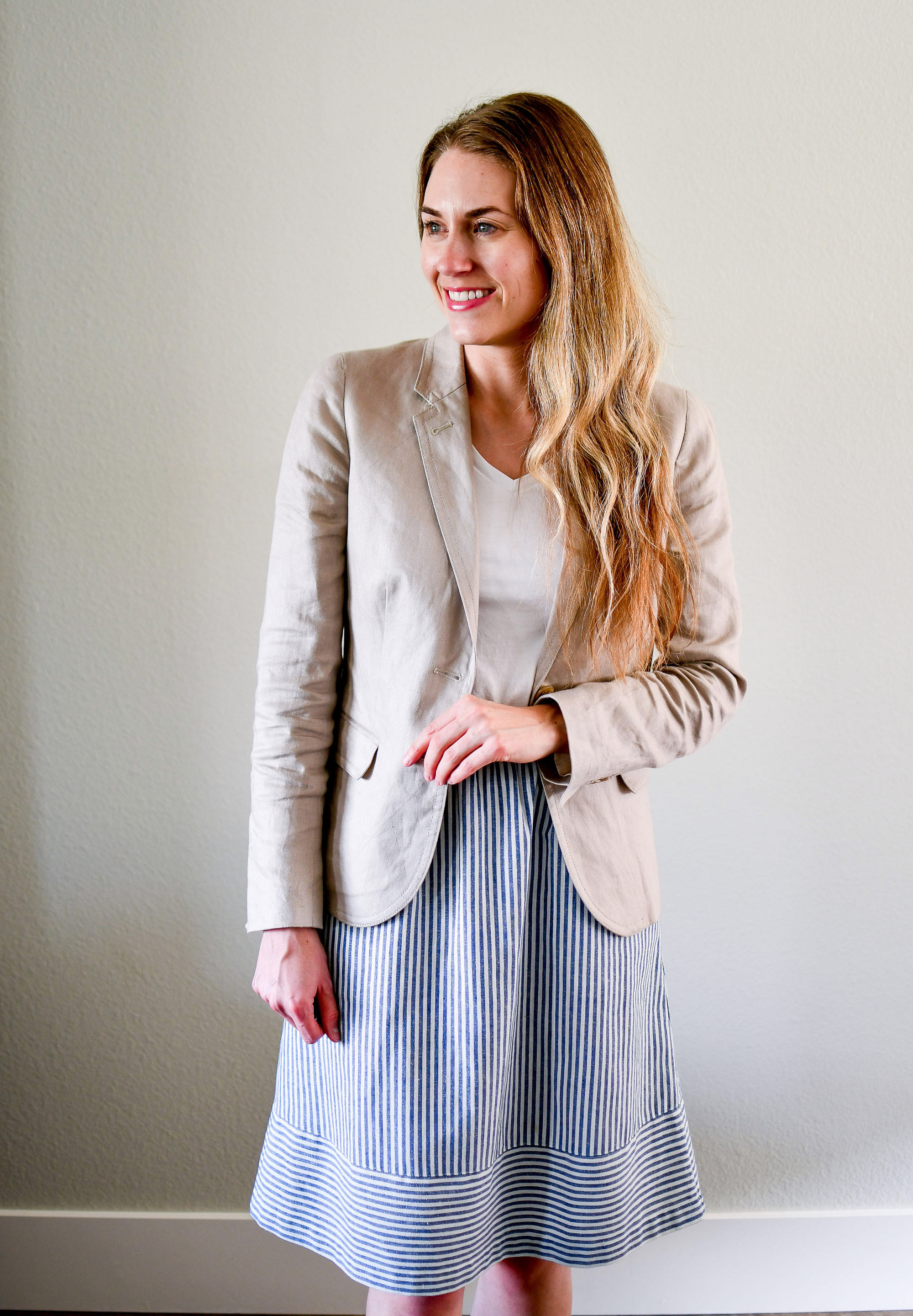 Linen blazer, white tee, striped midi skirt — Cotton Cashmere Cat Hair