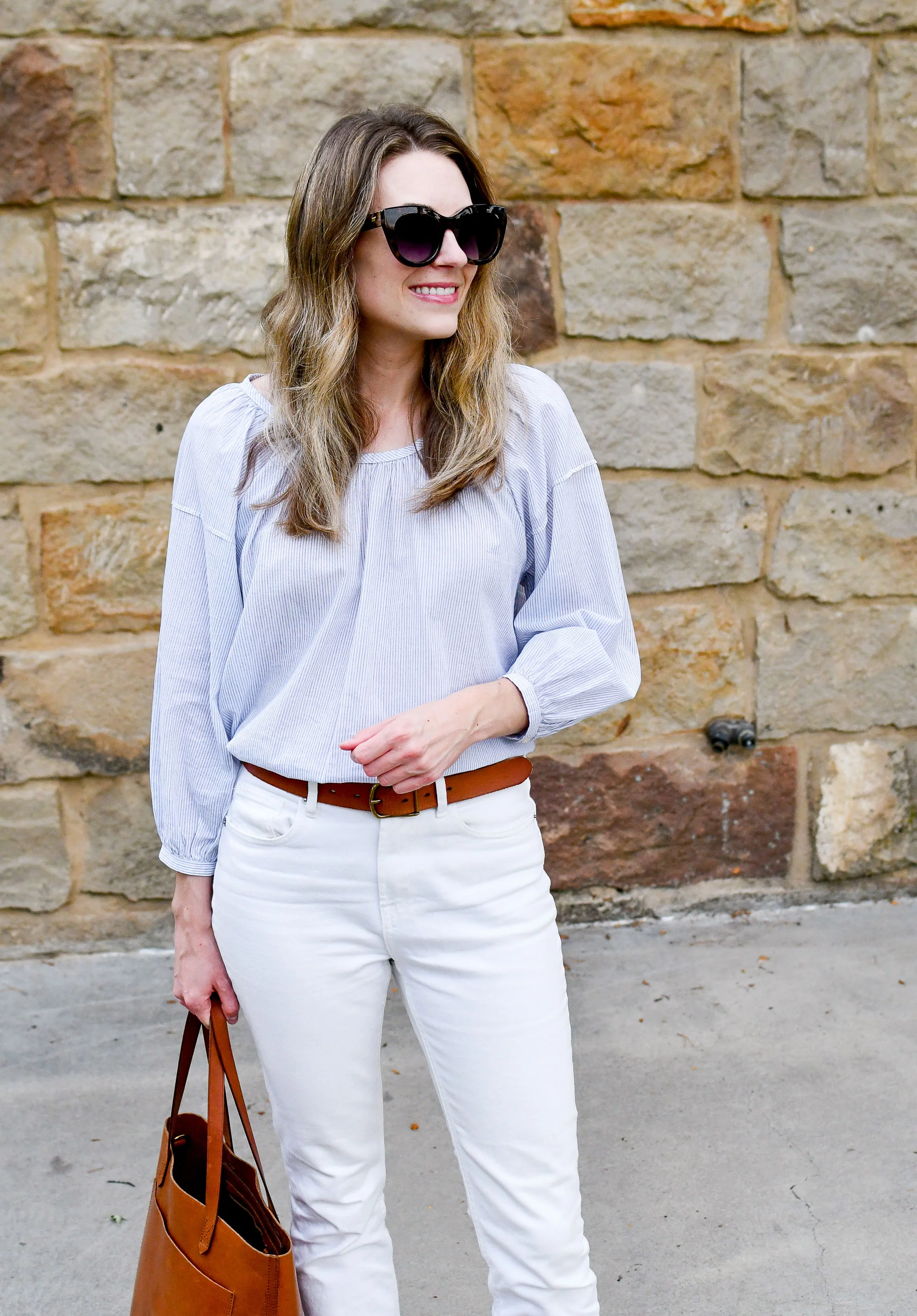 Everlane air ruched blouse summer work outfit — Cotton Cashmere Cat Hair