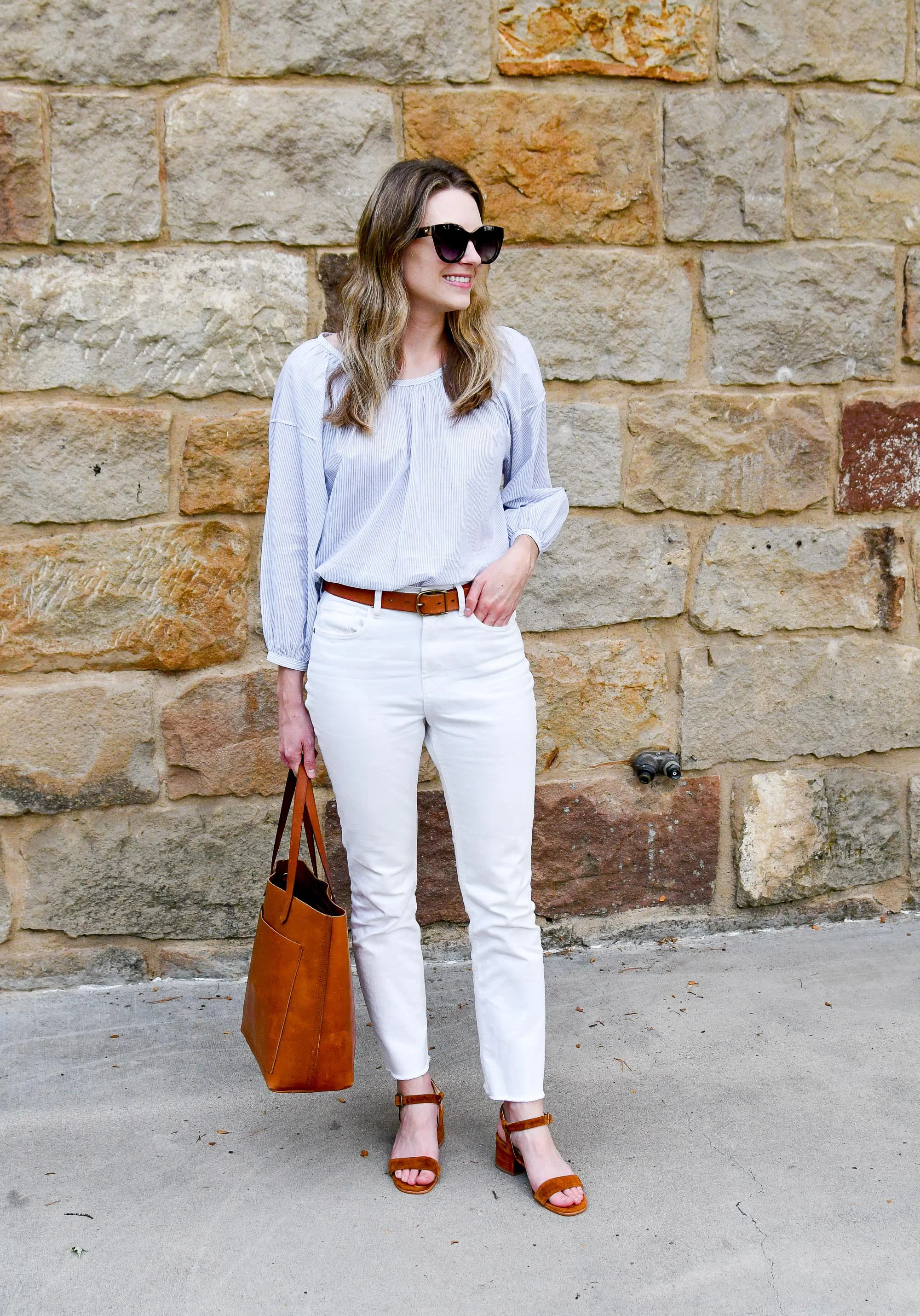 Summer to fall work outfit with white denim and brown tote — Cotton Cashmere Cat Hair