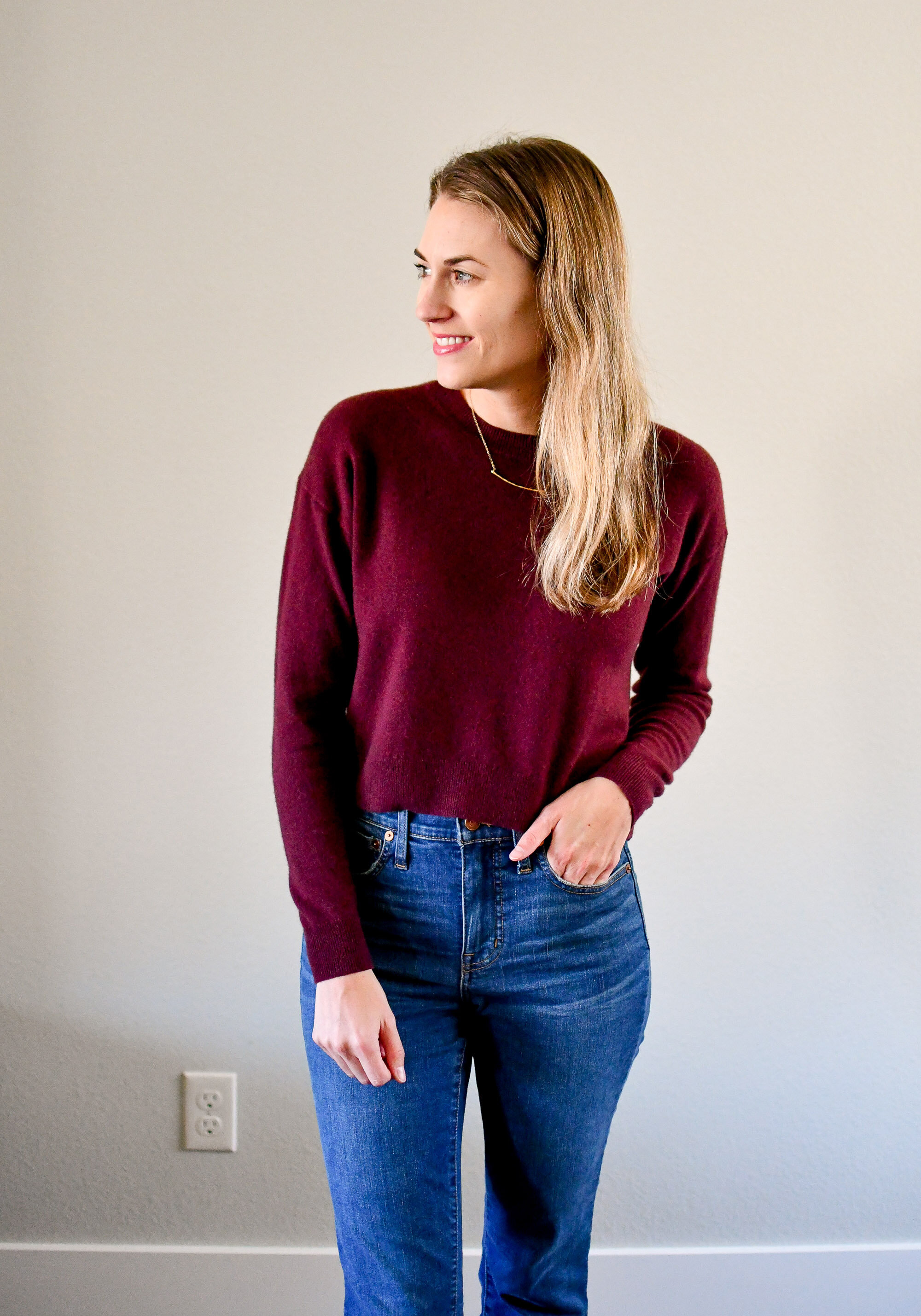 Burgundy cropped cashmere sweater fall outfit — Cotton Cashmere Cat Hair