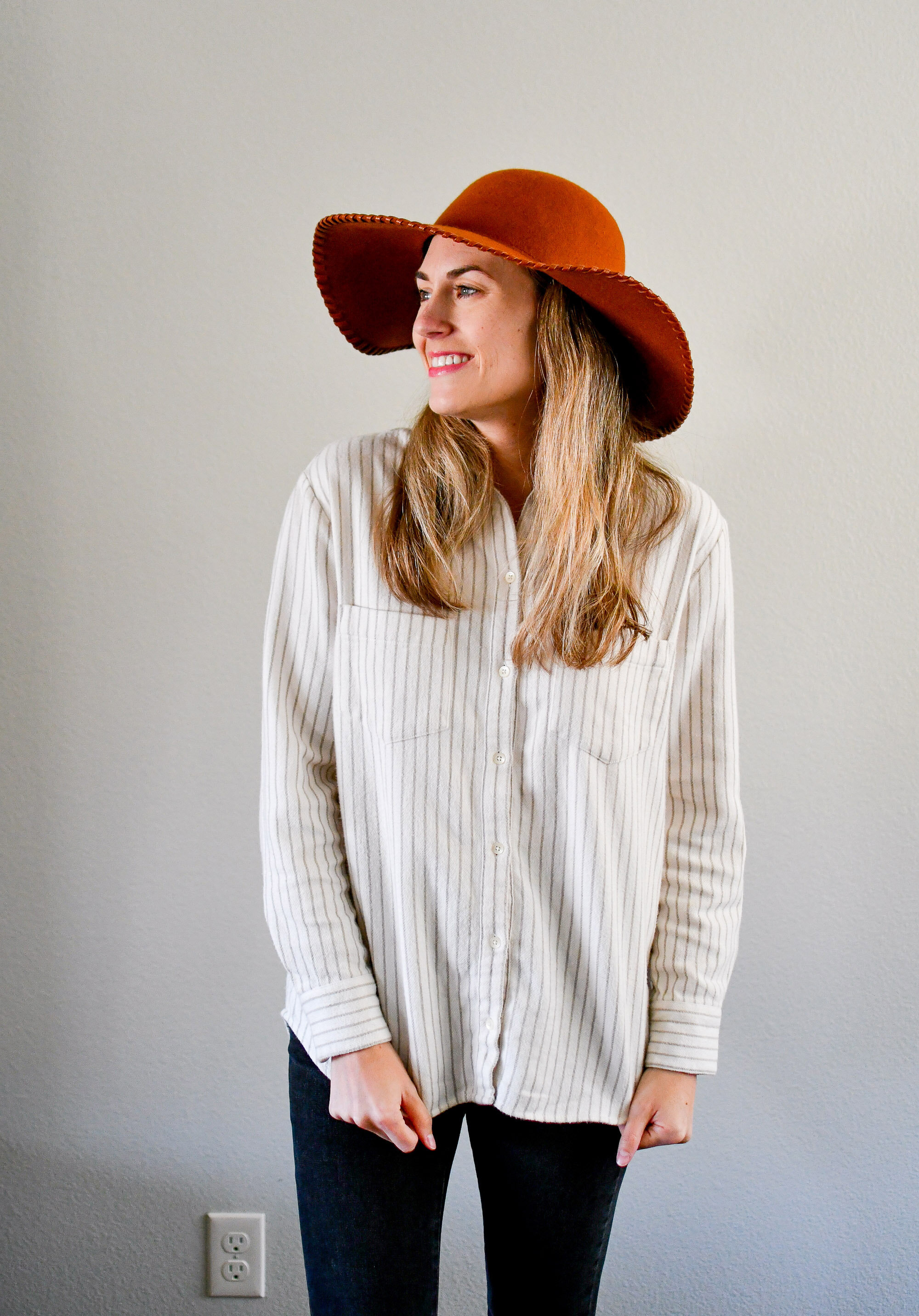 Rust brown floppy hat + cream striped flannel shirt — Cotton Cashmere Cat Hair