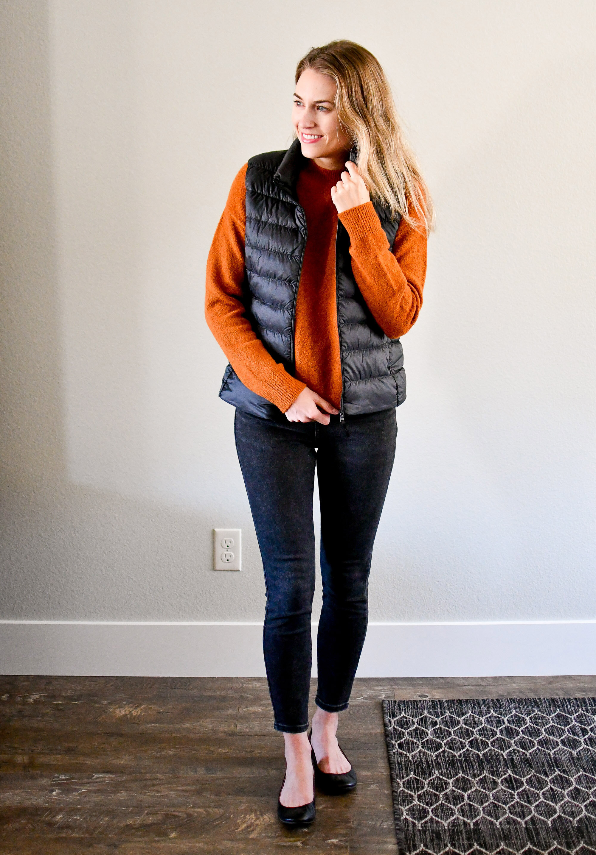 Brown sweater fall outfit with black denim and vest — Cotton Cashmere Cat Hair