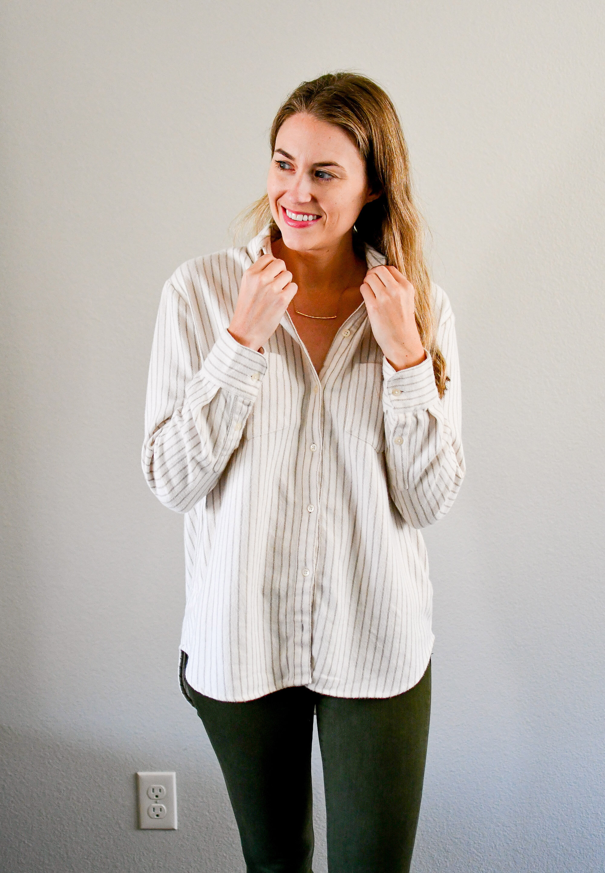 Striped flannel shirt fall outfit with Gorjana necklace — Cotton Cashmere Cat Hair